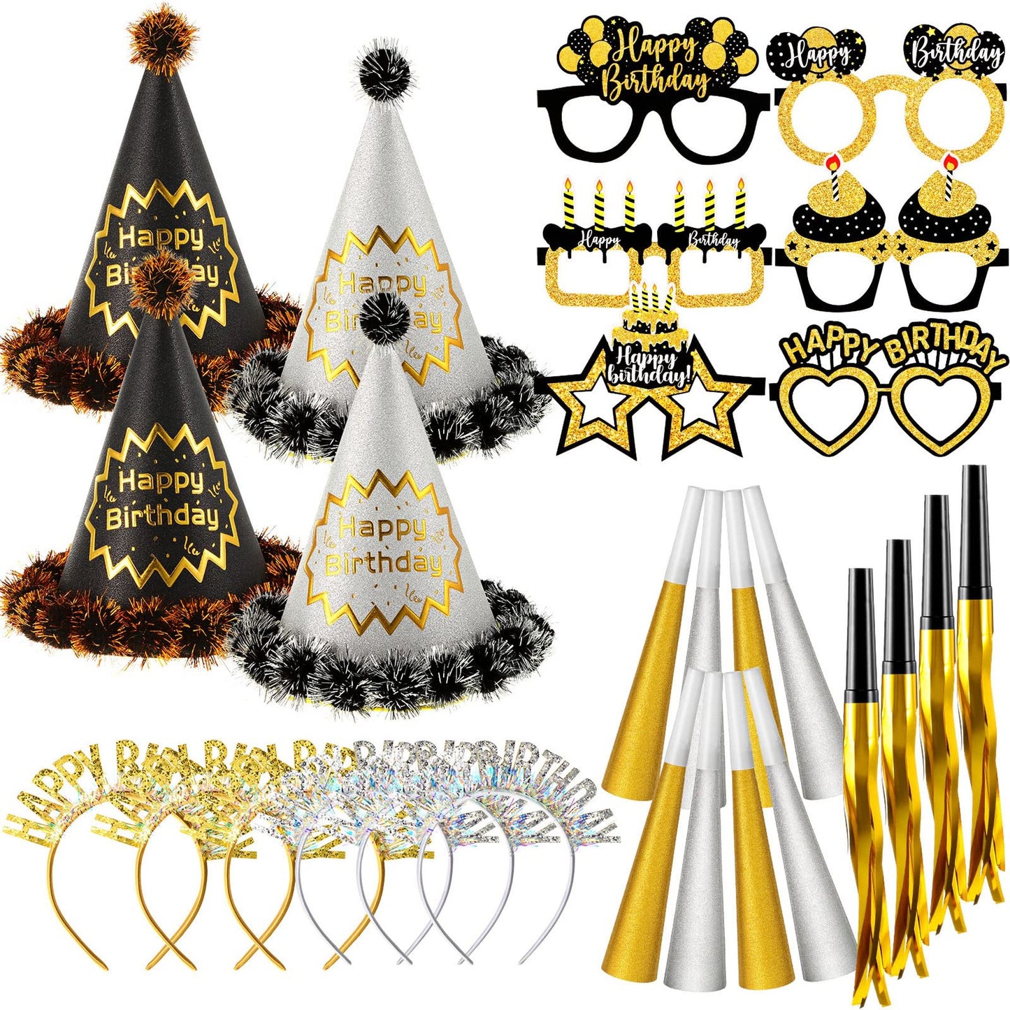 Birthday Bash Pack - 36 Piece Set of Happy Birthday Hat, Headband, Glasses, Noise Makers, and Party Horns in Black and Gold Style for Adults and Kids