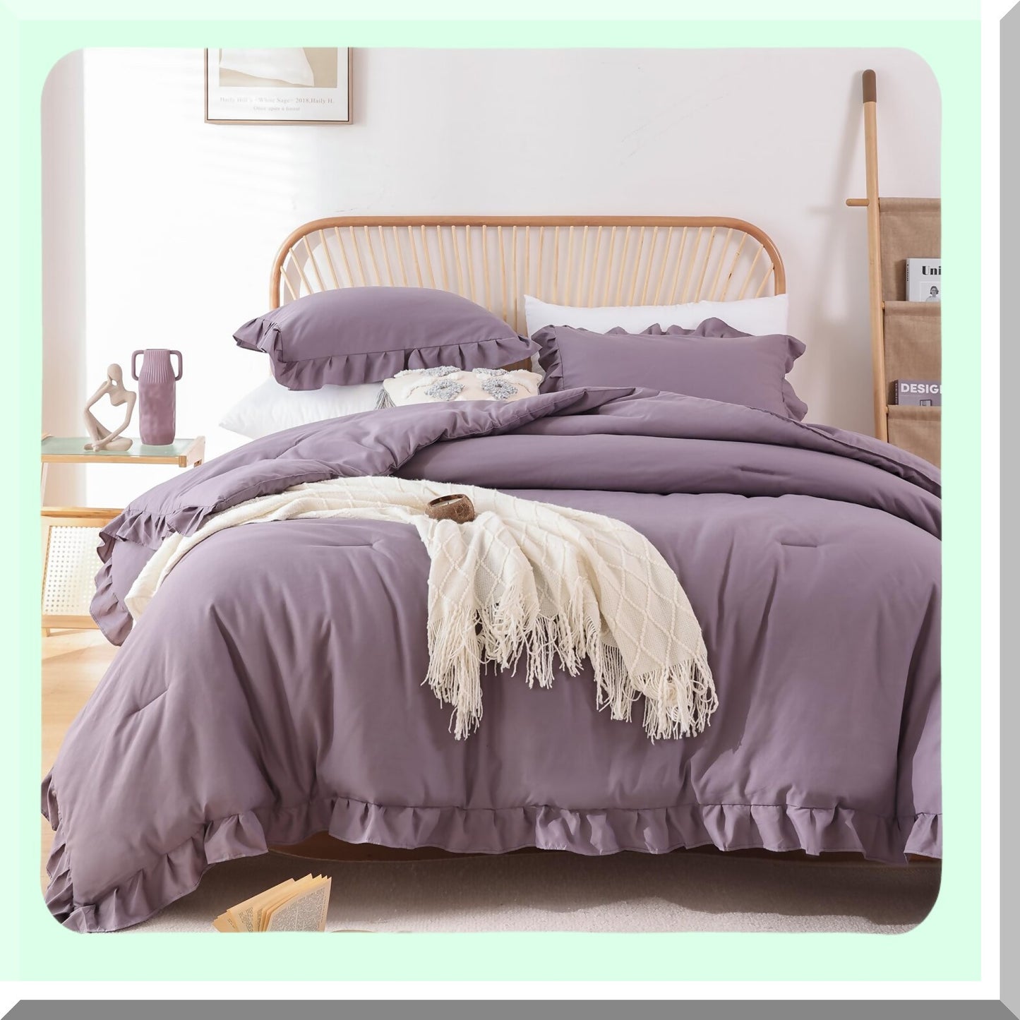 Boho Chic Ruffle Comforter Set - Soft Fluffy Grayish Purple Bedding with Vintage Farmhouse Style - 3PCS All Season Bed Set with 2 Pillowcases