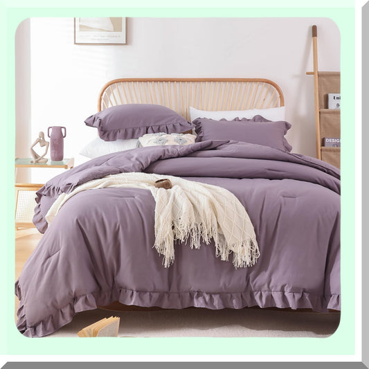 Boho Chic Ruffle Comforter Set - Soft Fluffy Grayish Purple Bedding with Vintage Farmhouse Style - 3PCS All Season Bed Set with 2 Pillowcases