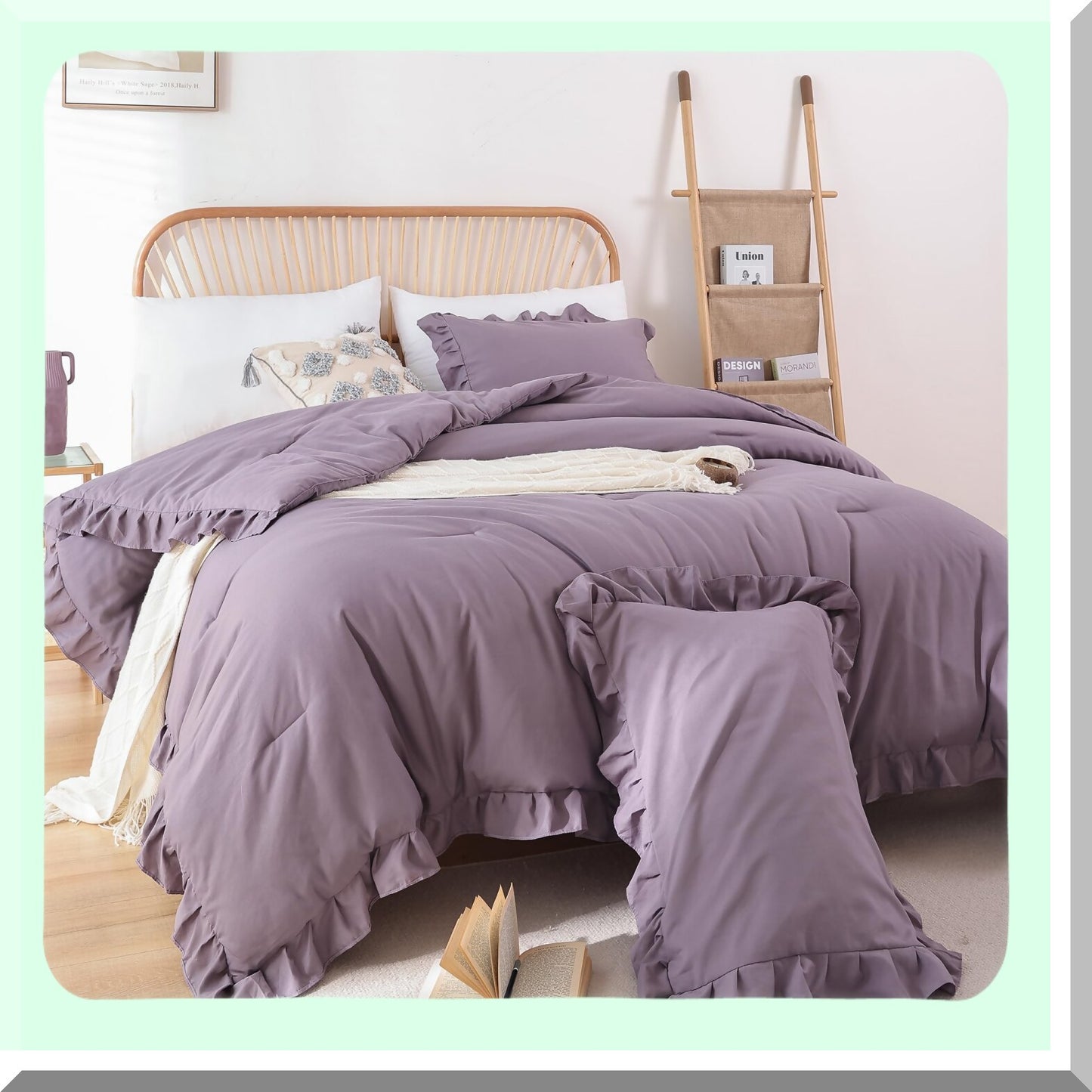 Boho Chic Ruffle Comforter Set - Soft Fluffy Grayish Purple Bedding with Vintage Farmhouse Style - 3PCS All Season Bed Set with 2 Pillowcases