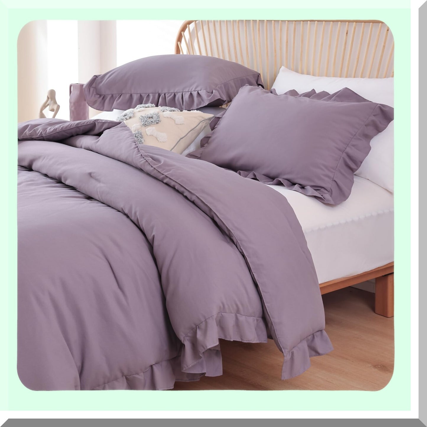 Boho Chic Ruffle Comforter Set - Soft Fluffy Grayish Purple Bedding with Vintage Farmhouse Style - 3PCS All Season Bed Set with 2 Pillowcases