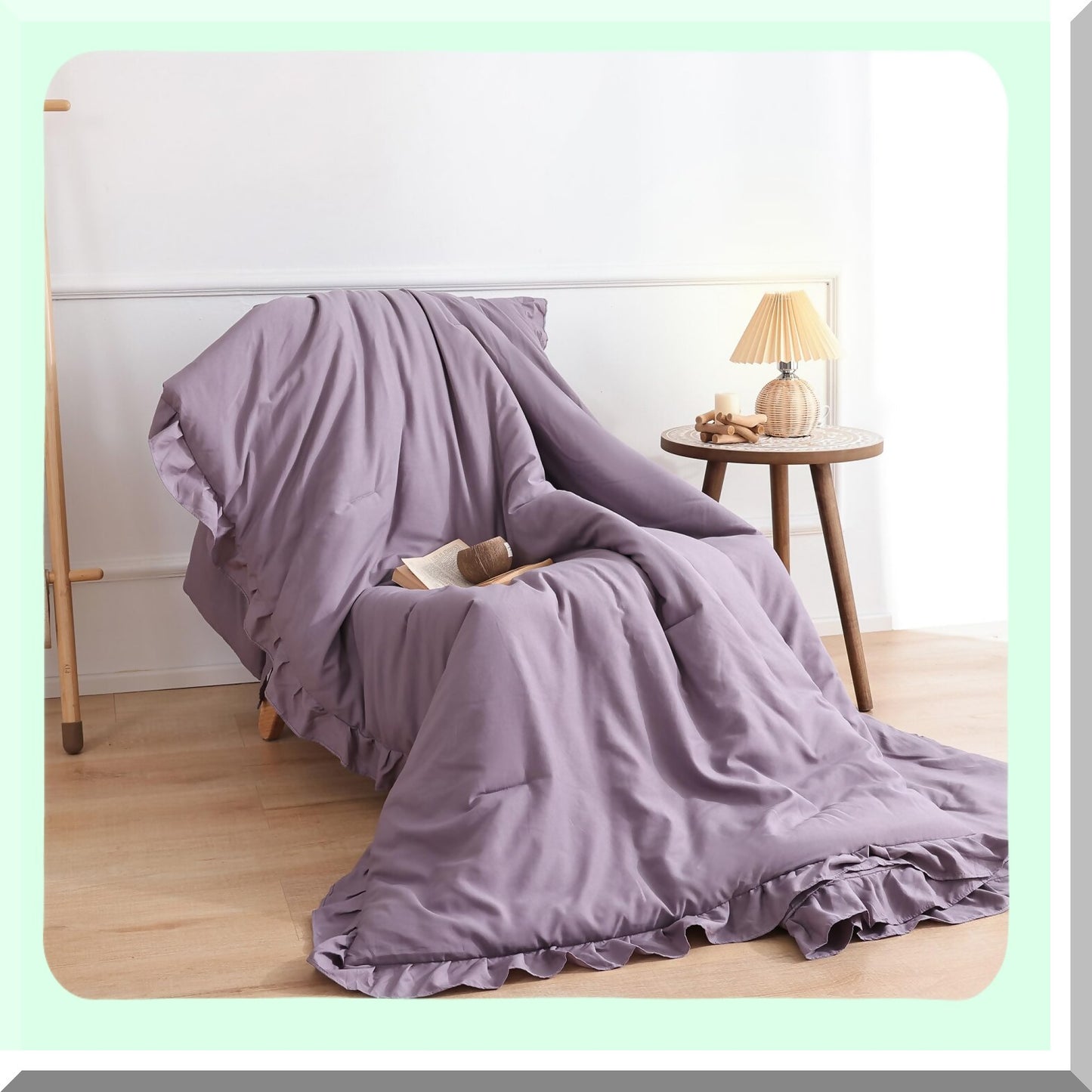 Boho Chic Ruffle Comforter Set - Soft Fluffy Grayish Purple Bedding with Vintage Farmhouse Style - 3PCS All Season Bed Set with 2 Pillowcases