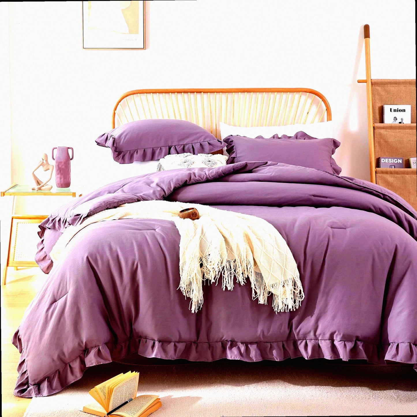 Boho Chic Ruffle Comforter Set - Soft Fluffy Grayish Purple Bedding with Vintage Farmhouse Style - 3PCS All Season Bed Set with 2 Pillowcases