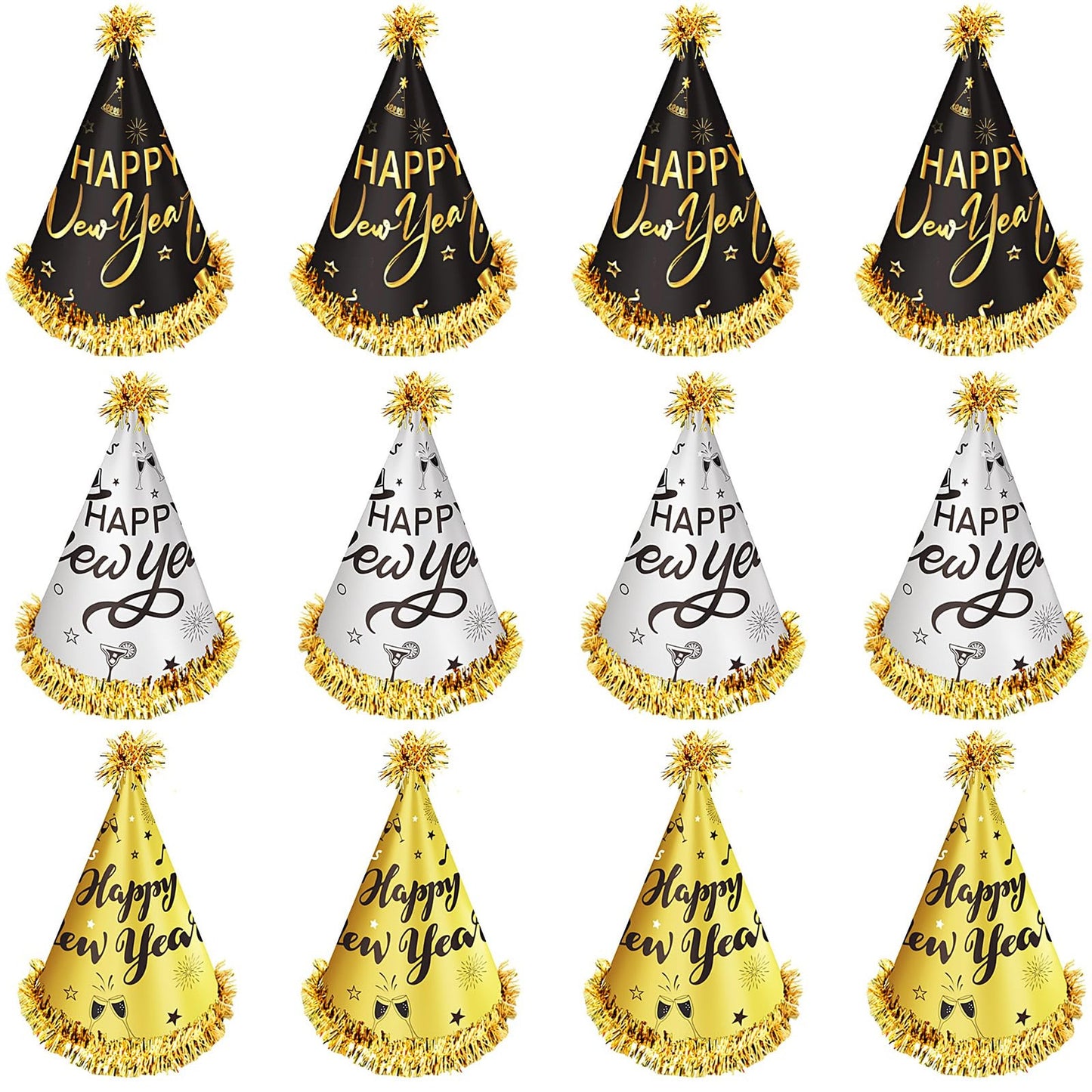 12 Piece New Year Eve Party Cone Hats for Celebrations