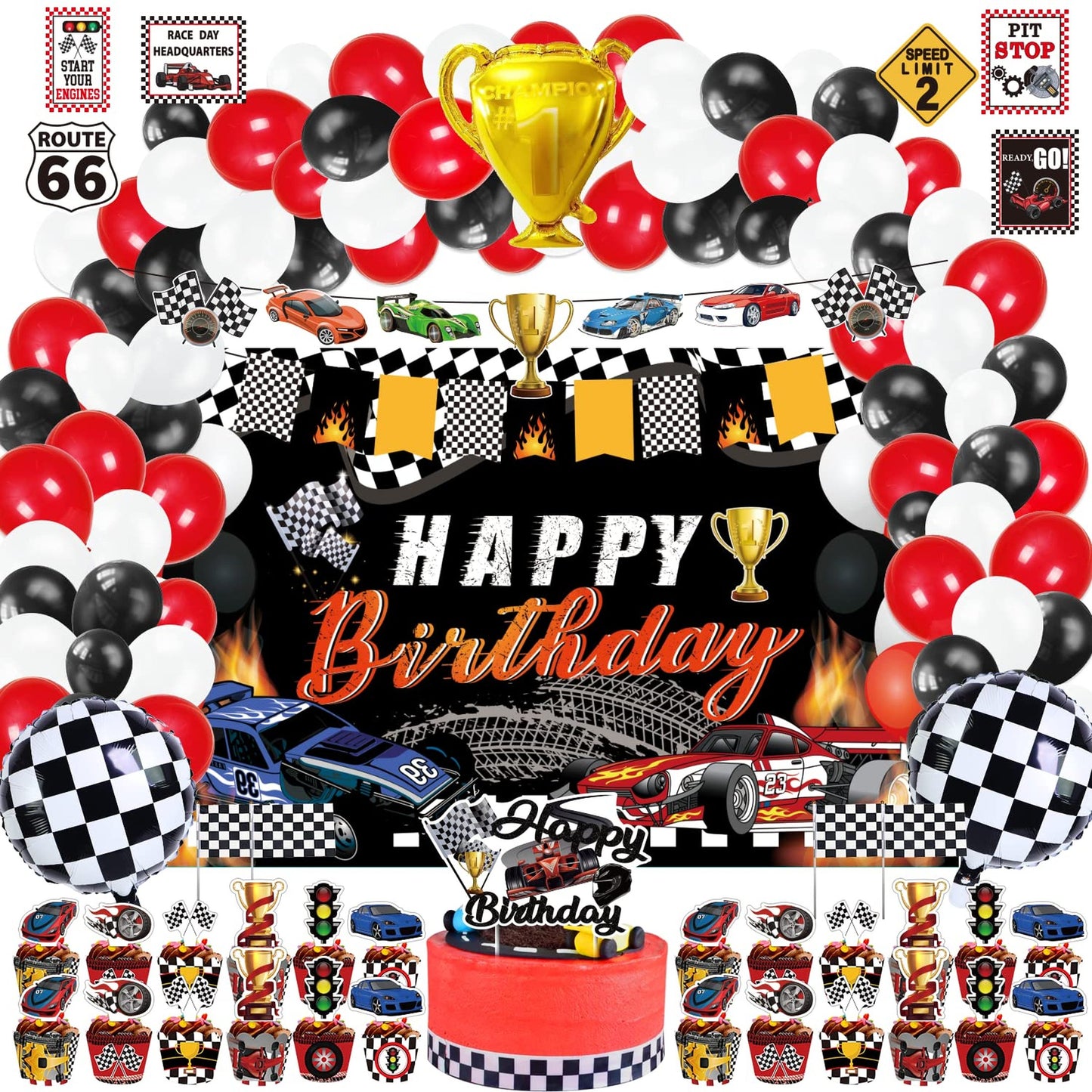 Speedy Raceway Party Pack - Complete set of 142 race car themed decorations for a high-speed birthday celebration! Includes backdrop, banner, cake and cupcake toppers, balloons, cupcake wrappers, party traffic signs, and flags. Let the racing fun begin!