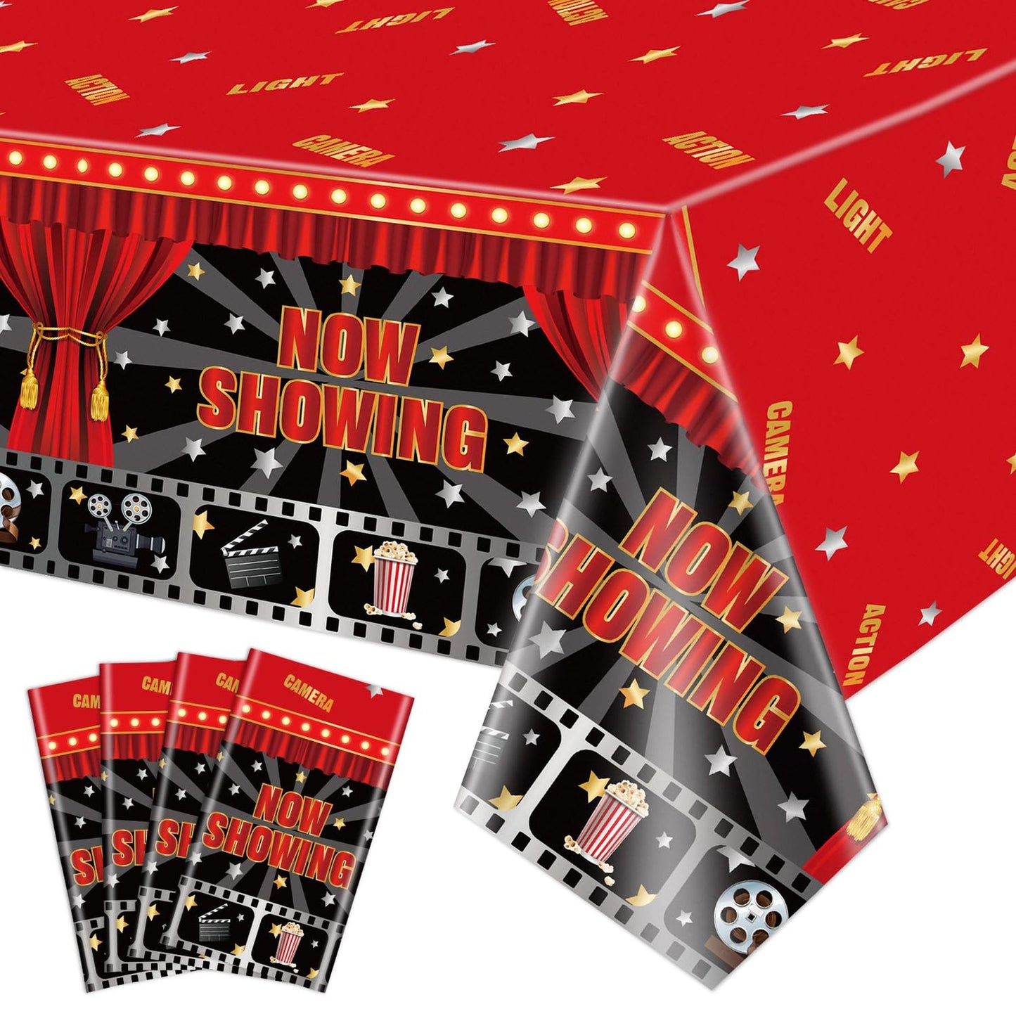Movie Night Tablecloth Pack - Disposable Plastic Rectangle Covers for Theater Red Carpet Birthday Party Decorations. Now Showing!