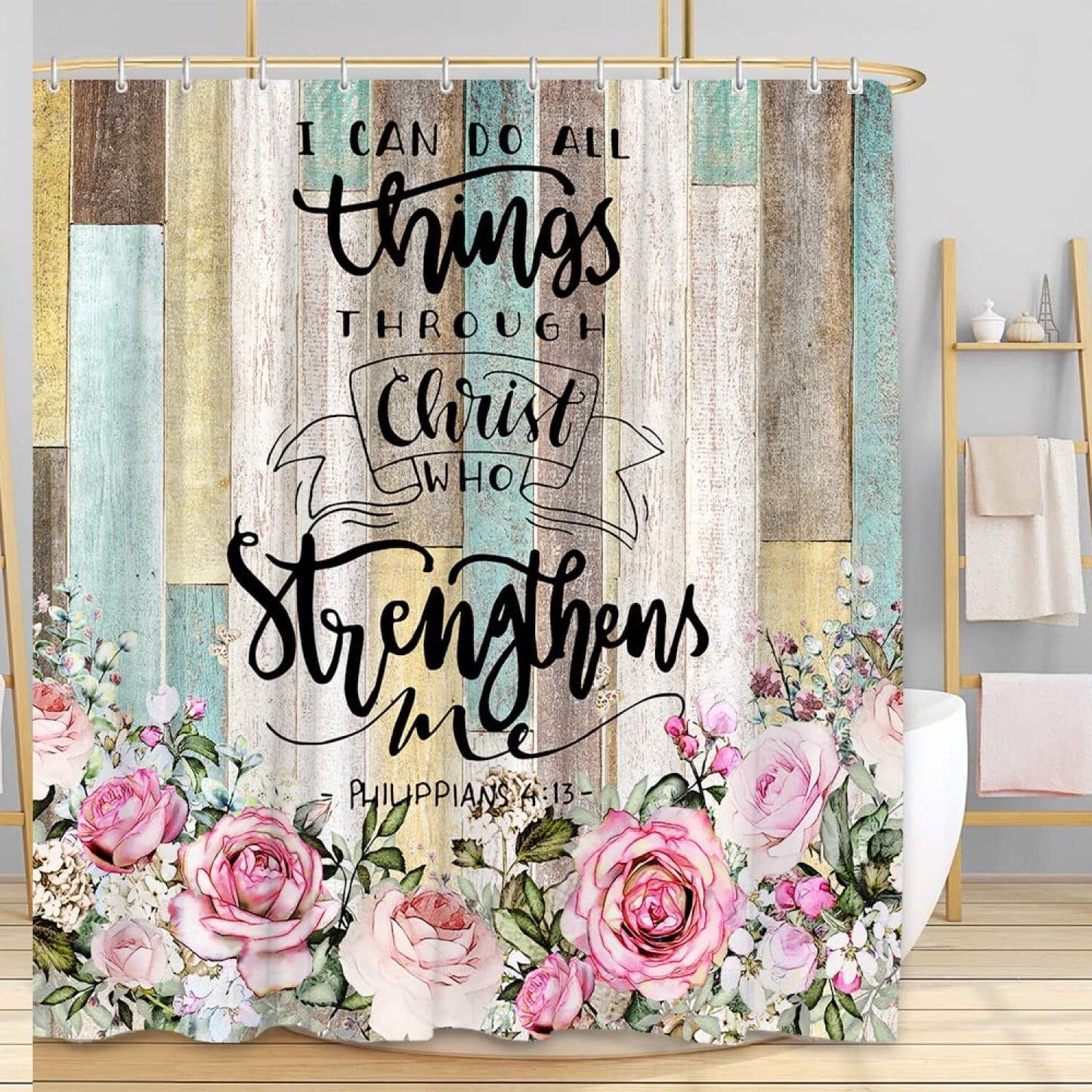 Pink Floral Inspirational Faith Shower Curtain 70x70 Inch