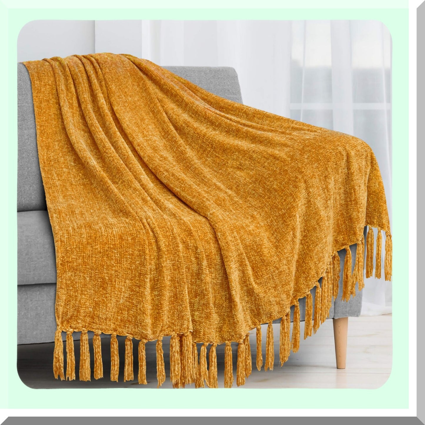 Golden Mustard Chenille Throw Blanket - Soft Knit with Tel Fringe, Cozy Decorative Blanket for Couch, Sofa, Bed, Living Room Decor, Perfect Gift, 50x60