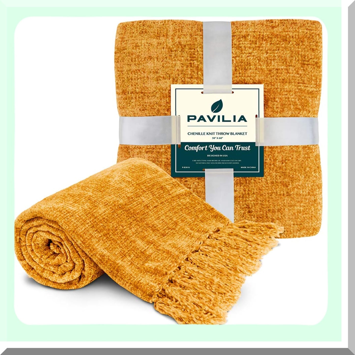 Golden Mustard Chenille Throw Blanket - Soft Knit with Tel Fringe, Cozy Decorative Blanket for Couch, Sofa, Bed, Living Room Decor, Perfect Gift, 50x60