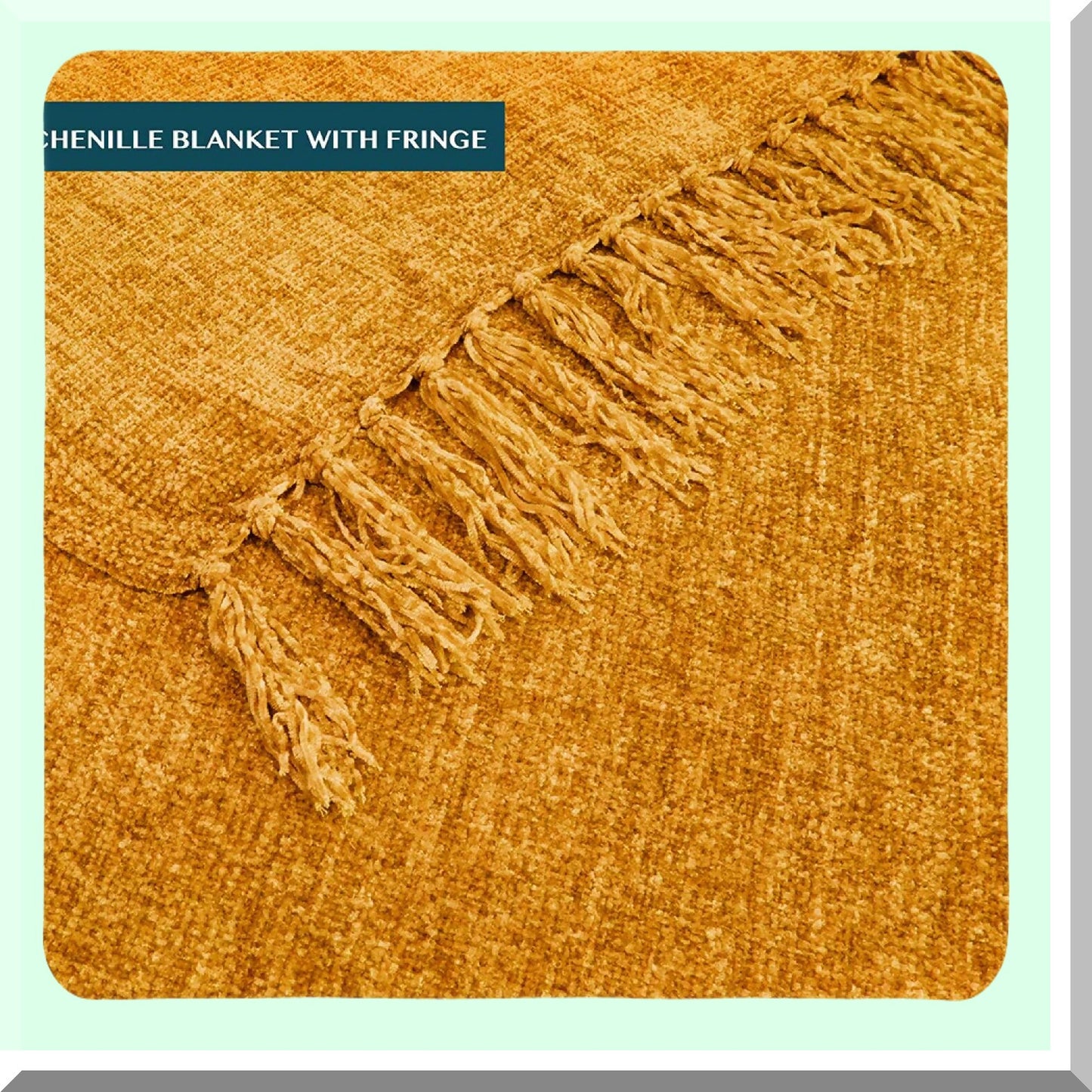 Golden Mustard Chenille Throw Blanket - Soft Knit with Tel Fringe, Cozy Decorative Blanket for Couch, Sofa, Bed, Living Room Decor, Perfect Gift, 50x60