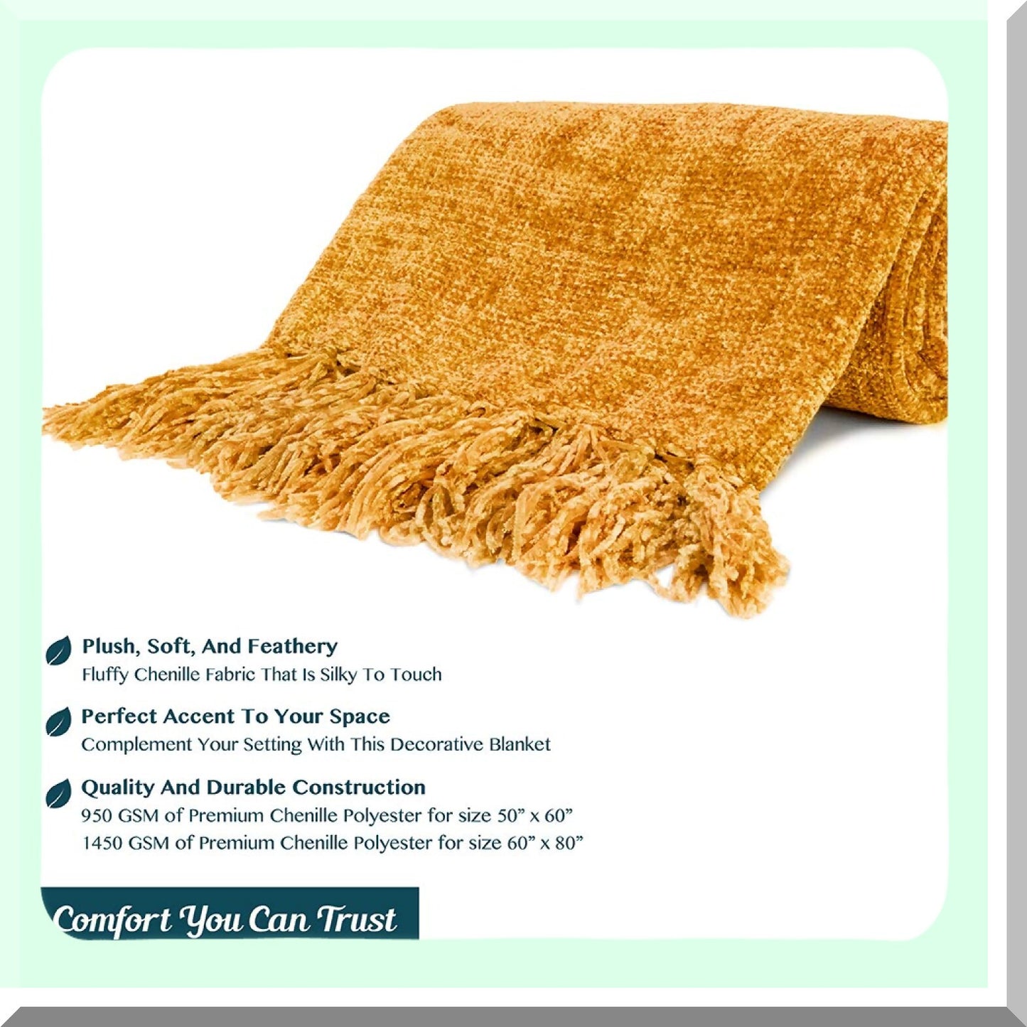 Golden Mustard Chenille Throw Blanket - Soft Knit with Tel Fringe, Cozy Decorative Blanket for Couch, Sofa, Bed, Living Room Decor, Perfect Gift, 50x60