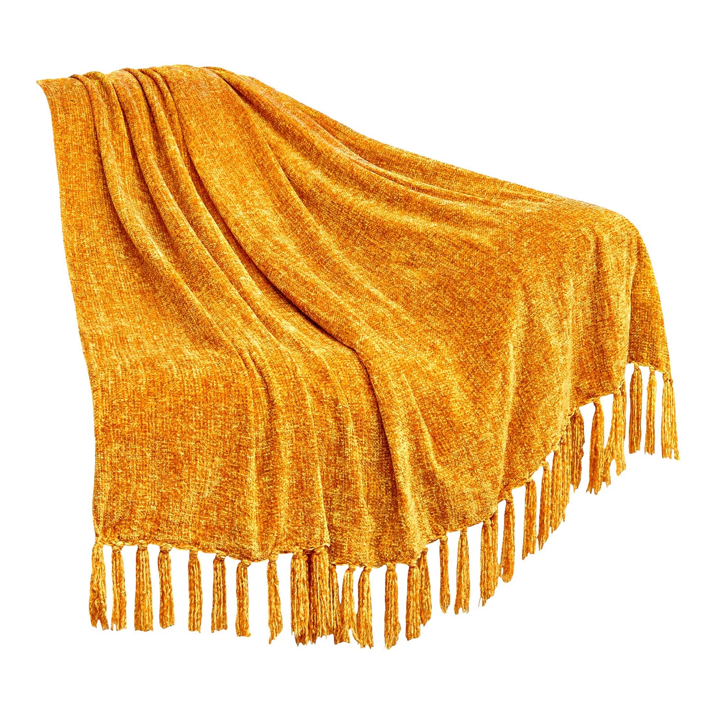 Golden Mustard Chenille Throw Blanket - Soft Knit with Tel Fringe, Cozy Decorative Blanket for Couch, Sofa, Bed, Living Room Decor, Perfect Gift, 50x60