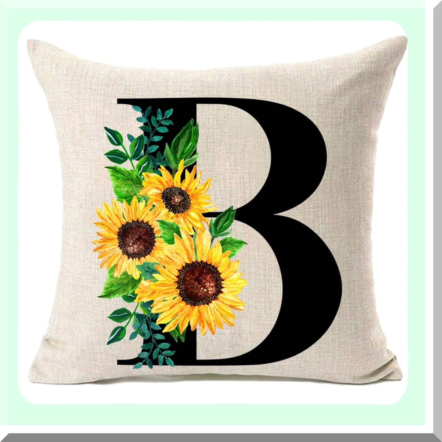 Sunflower Monogram Initial Pillow Cover - Farmhouse Decor 18x18 Inch - Spring & Summer Cushion Case for Couch Sofa - Family Last Name Home Decoration