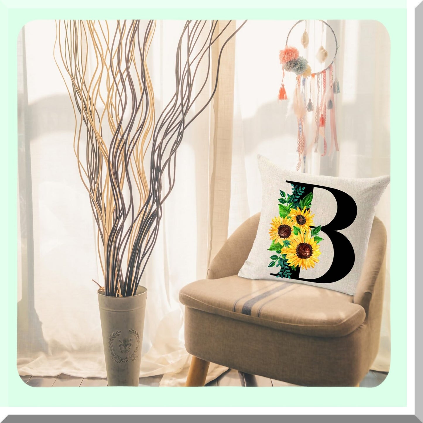Sunflower Monogram Initial Pillow Cover - Farmhouse Decor 18x18 Inch - Spring & Summer Cushion Case for Couch Sofa - Family Last Name Home Decoration