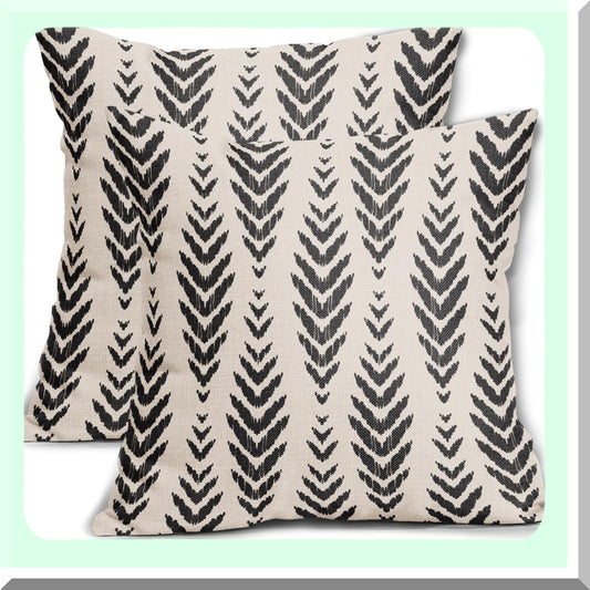 Bohemian Herringbone Decor Pillow Set - 18x18 Black Geometric Ethnic Throw Pillows - Farmhouse Linen Cushion Case for Couch & Bed - Outdoor Square Pillow Covers - Set of 2