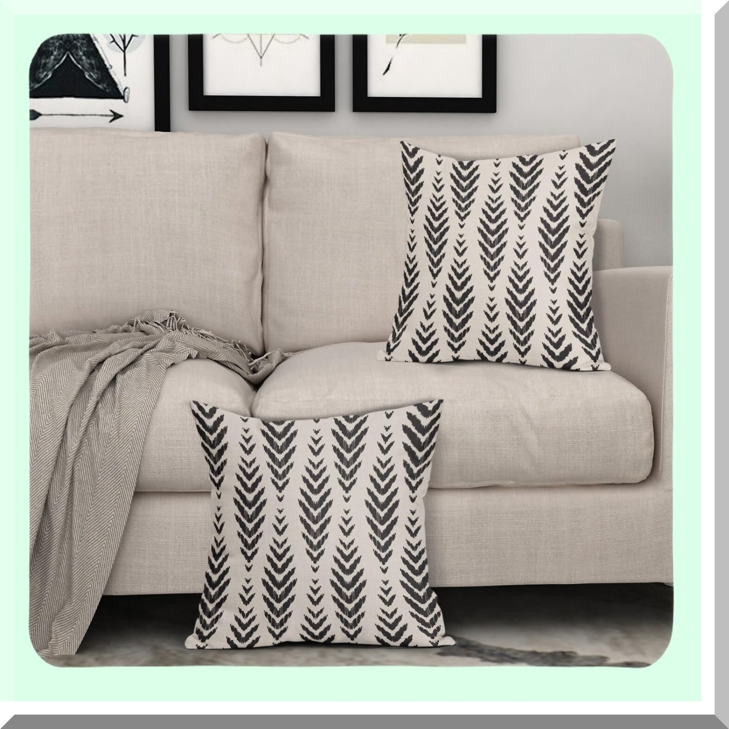 Bohemian Herringbone Decor Pillow Set - 18x18 Black Geometric Ethnic Throw Pillows - Farmhouse Linen Cushion Case for Couch & Bed - Outdoor Square Pillow Covers - Set of 2