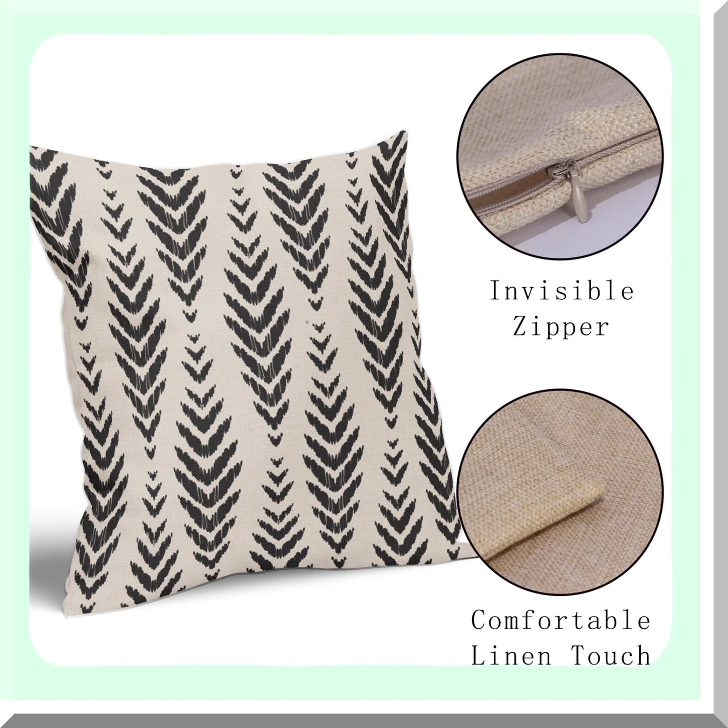 Bohemian Herringbone Decor Pillow Set - 18x18 Black Geometric Ethnic Throw Pillows - Farmhouse Linen Cushion Case for Couch & Bed - Outdoor Square Pillow Covers - Set of 2