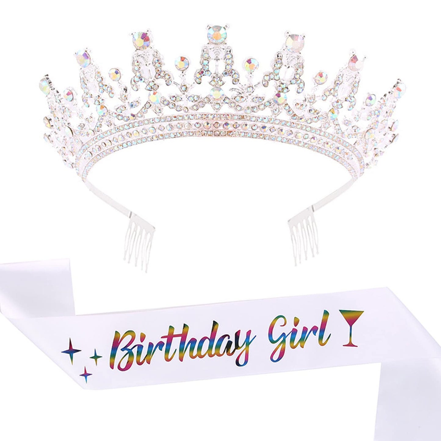 Birthday Royalty Set - Silver Sash & Crystal Tiara Kit for Birthday Girl & Queen. Perfect Party Supplies & Gifts for Birthday Celebrations!