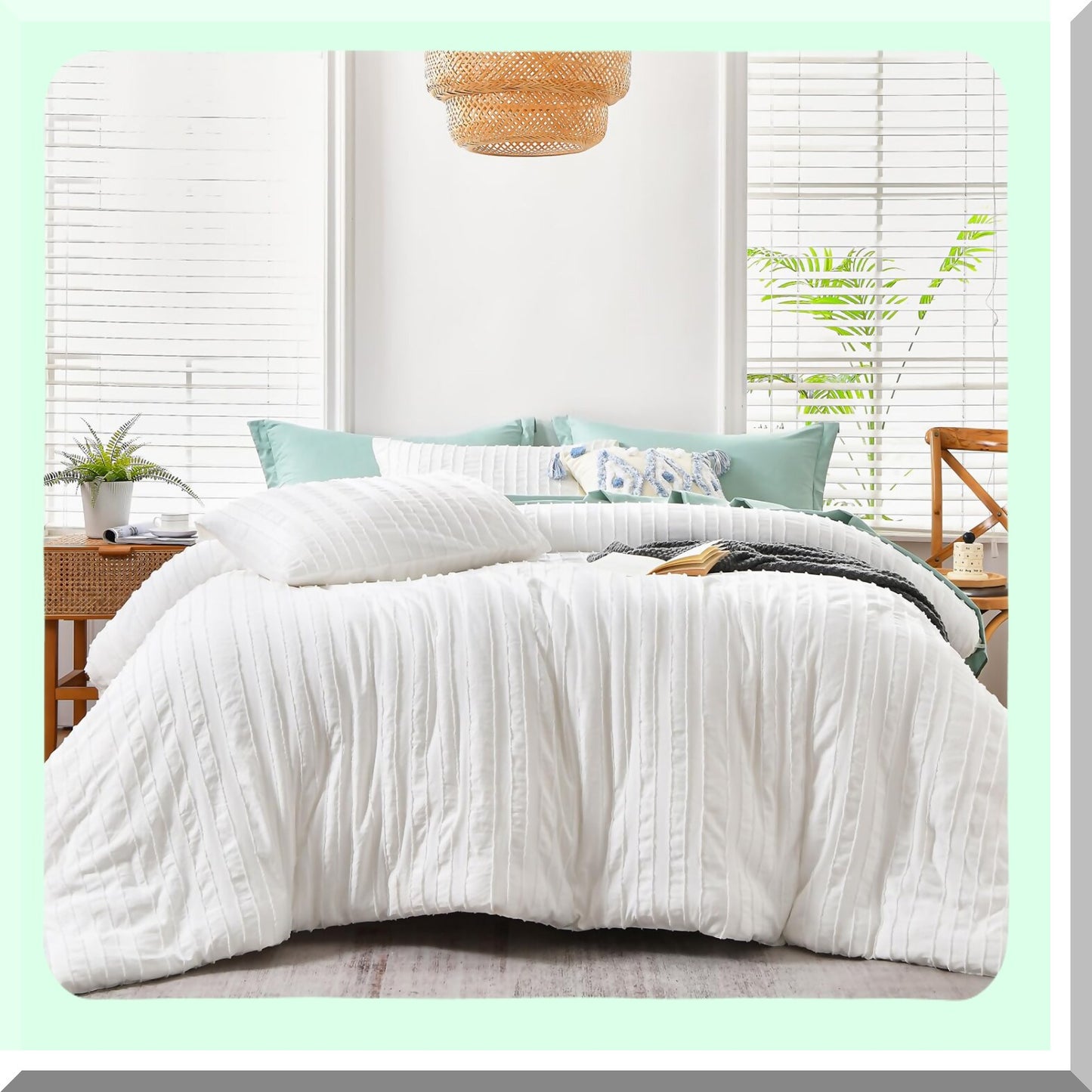 Boho Chic Tufted Comforter Set - White Striped Bedding for All Seasons - Soft Lightweight Comforter with 2 Pillowcases - 104x90 - Shabby Chic