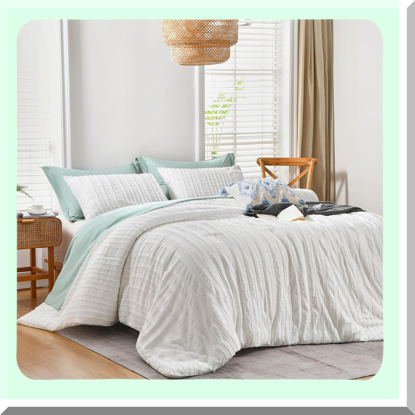 Boho Chic Tufted Comforter Set - White Striped Bedding for All Seasons - Soft Lightweight Comforter with 2 Pillowcases - 104x90 - Shabby Chic