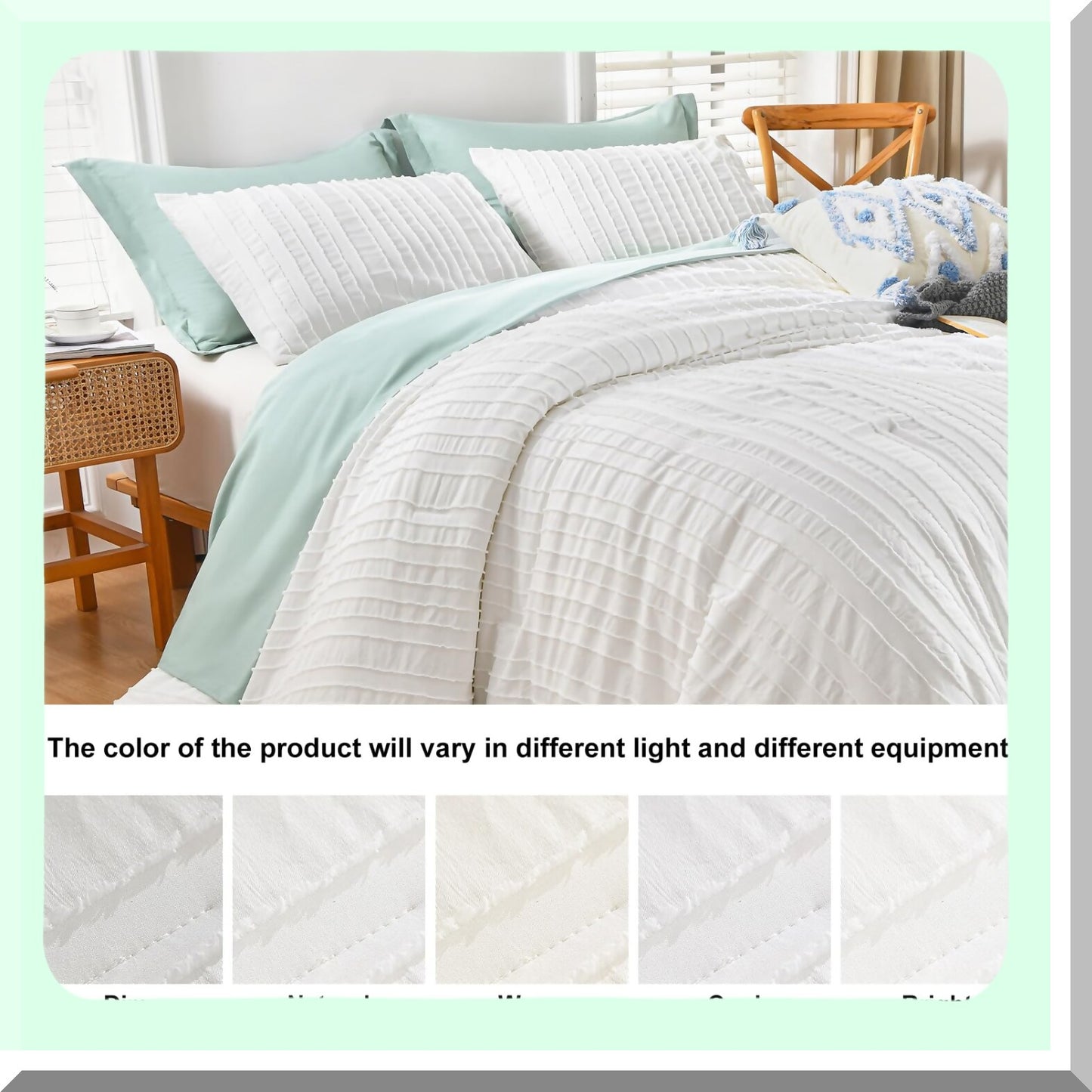 Boho Chic Tufted Comforter Set - White Striped Bedding for All Seasons - Soft Lightweight Comforter with 2 Pillowcases - 104x90 - Shabby Chic