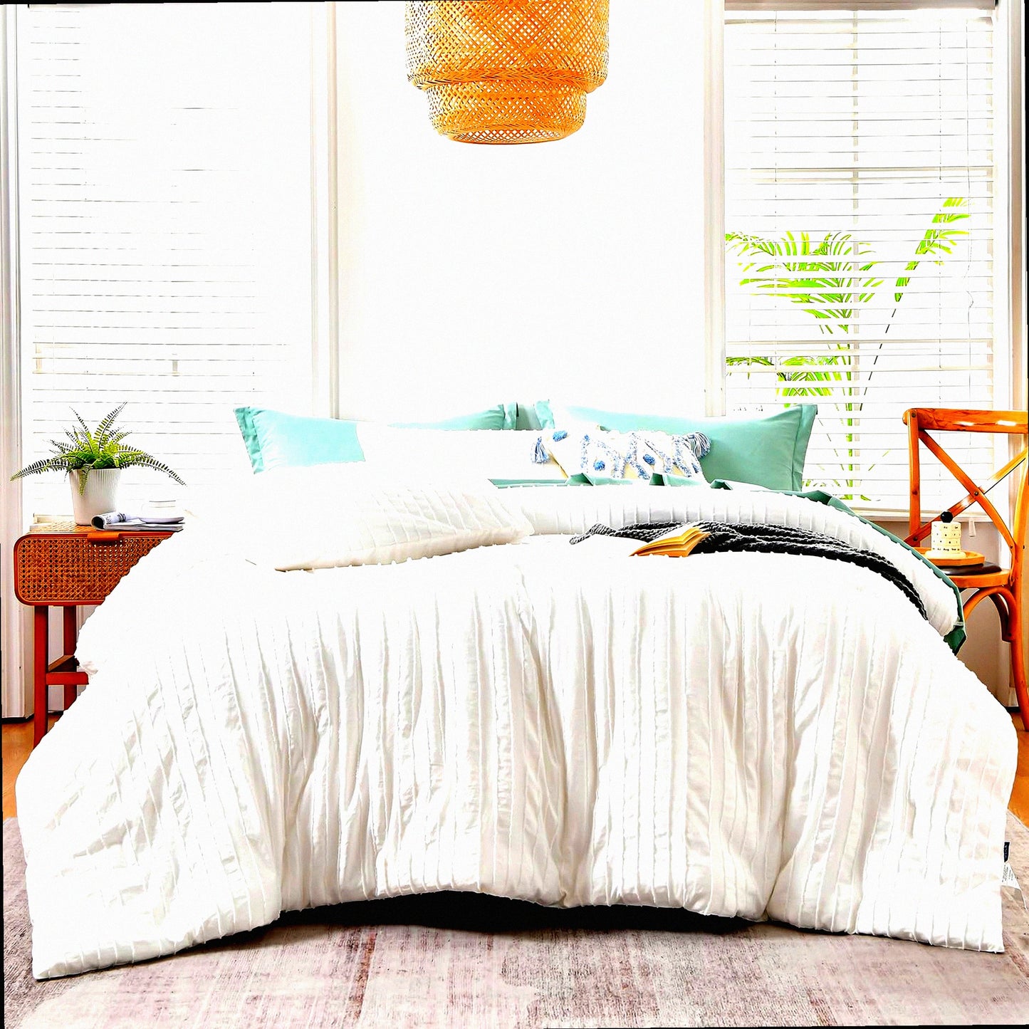 Boho Chic Tufted Comforter Set - White Striped Bedding for All Seasons - Soft Lightweight Comforter with 2 Pillowcases - 104x90 - Shabby Chic