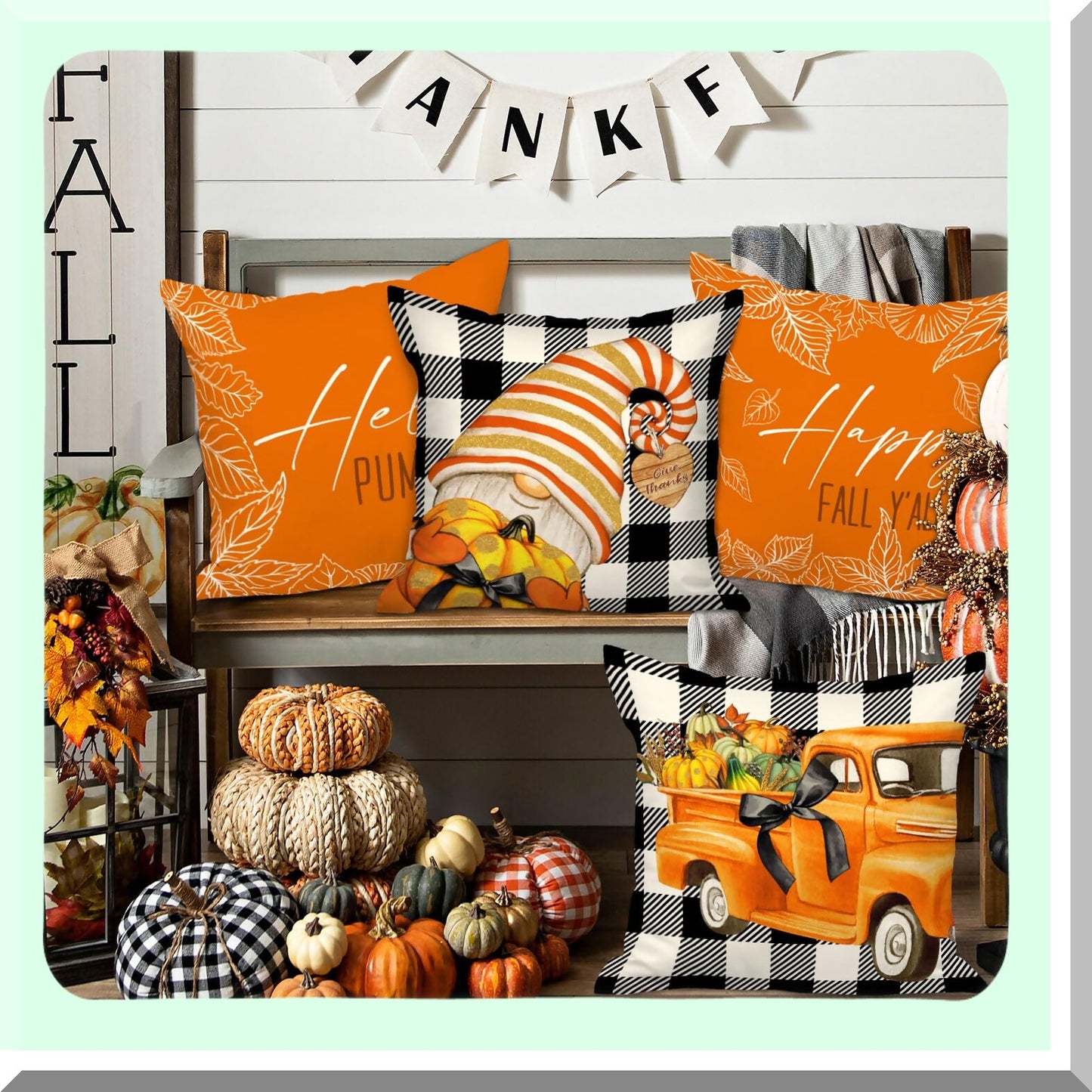 Autumn Harvest Decorative Pillow Cover Set - Fall Pumpkin Gnome Holiday Cushion Case for Home Sofa Decoration - Thanksgiving Throw Pillowcase 18x18 White