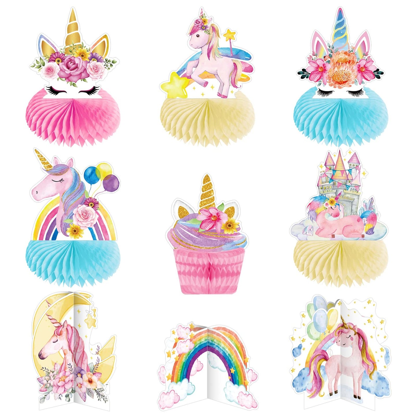 Rainbow Unicorn Party Table Toppers - Set of 9 Magical Honeycomb Centerpieces for Girls Birthday Celebration. Castle Theme Decorations for Kids.