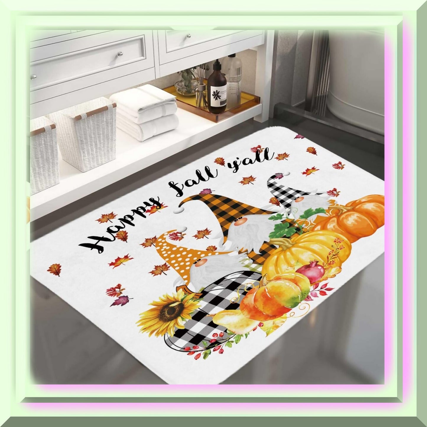 Fall Sunflower Pumpkin Gnome Bathroom Rug 17x29 Inches