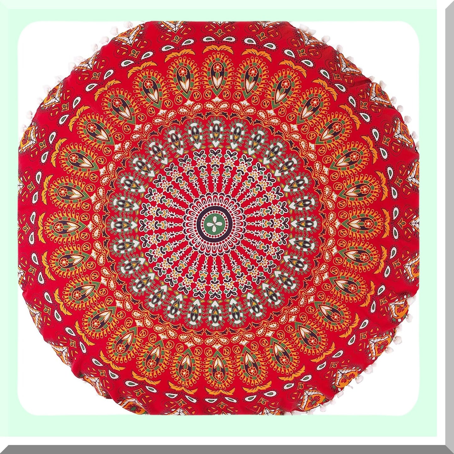Bohemian Bliss Floor Pillow - Blue Seating Cushion with Pom Pom Cases, Ottoman Poufs, Hippie Decorative Throw Cover for Boho Red Decor (22 Inch, Small)