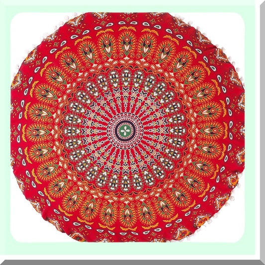 Bohemian Bliss Floor Pillow - Blue Seating Cushion with Pom Pom Cases, Ottoman Poufs, Hippie Decorative Throw Cover for Boho Red Decor (22 Inch, Small)