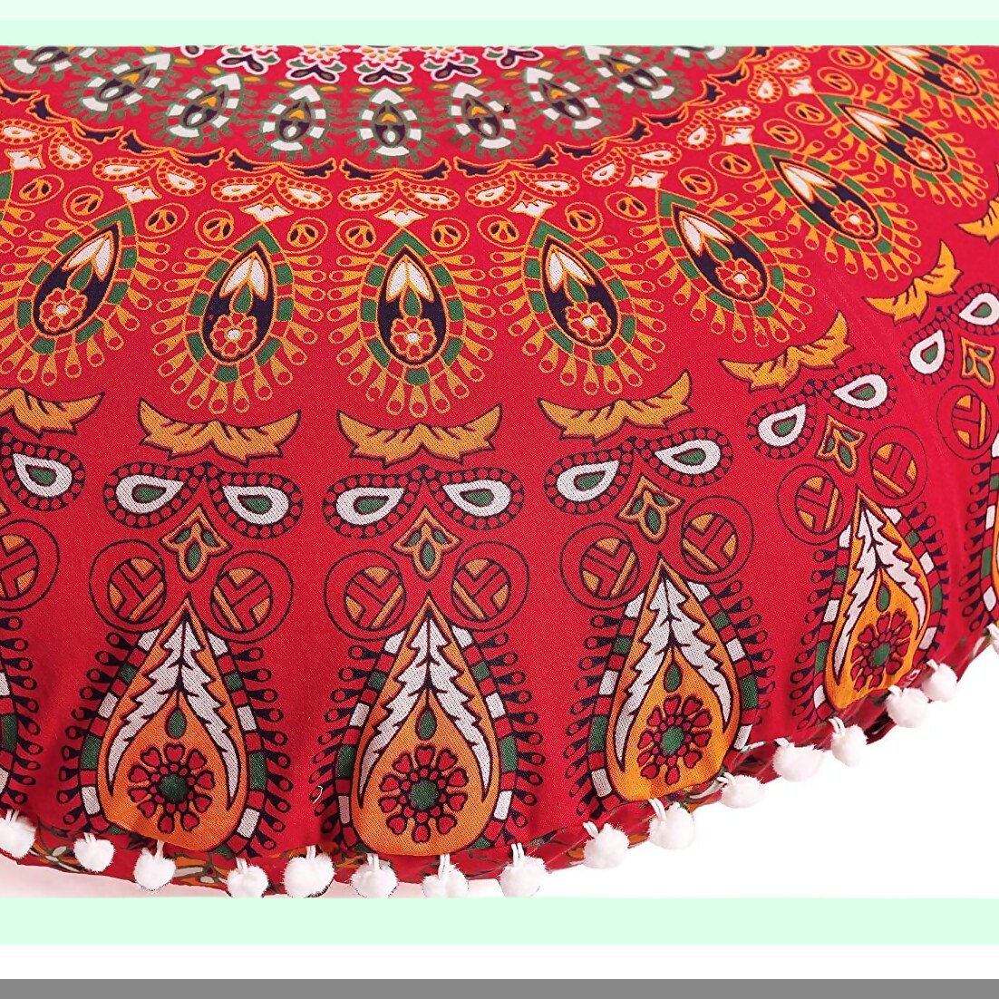 Bohemian Bliss Floor Pillow - Blue Seating Cushion with Pom Pom Cases, Ottoman Poufs, Hippie Decorative Throw Cover for Boho Red Decor (22 Inch, Small)