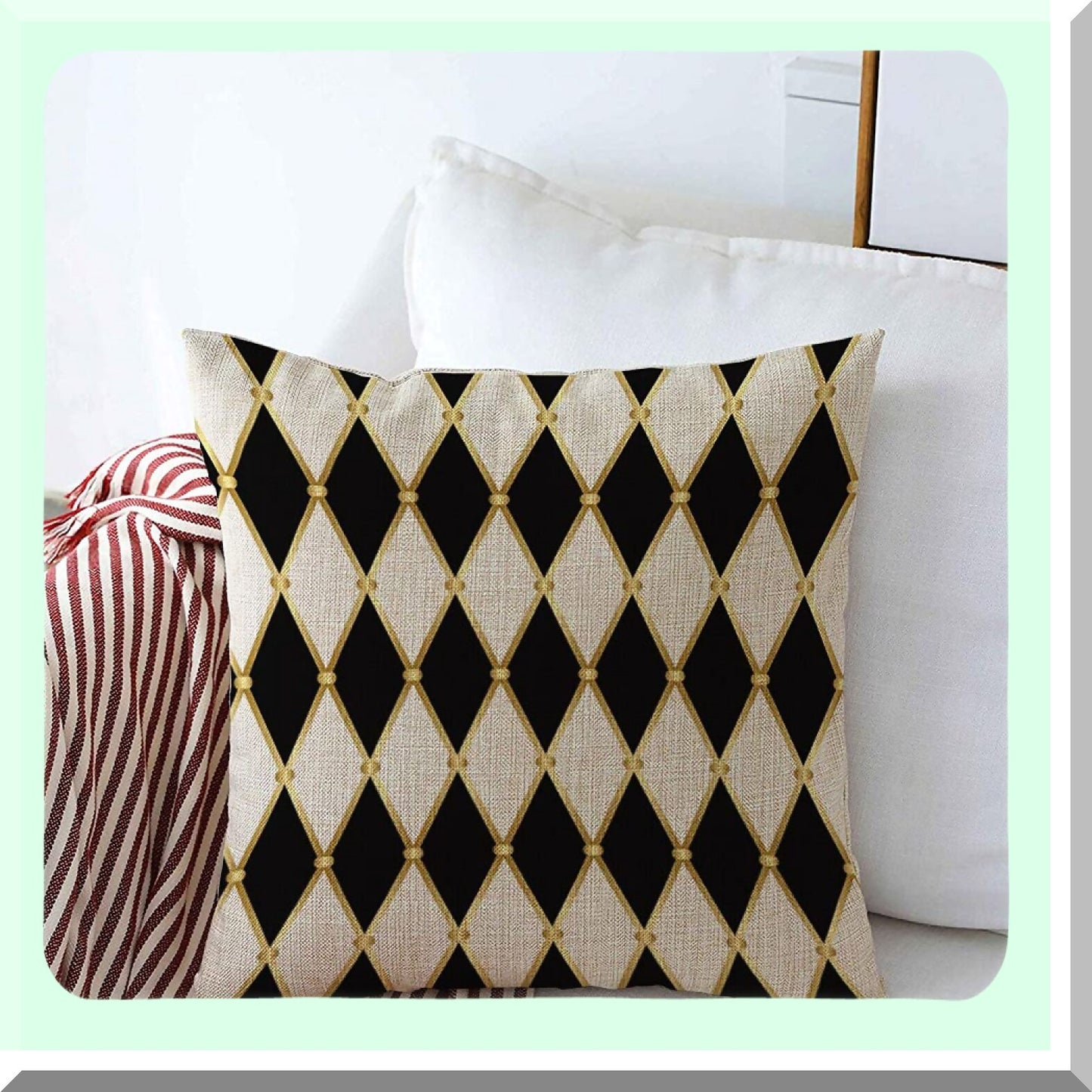 Harlequin Grid Geometry Vintage Pillow Cover - Circus Joker Design 20x20 Inch Linen Cushion Case for Couch Bed Car - White Rhomboids Pattern Texture