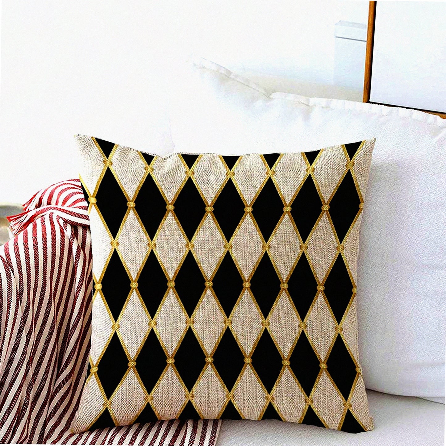 Harlequin Grid Geometry Vintage Pillow Cover - Circus Joker Design 20x20 Inch Linen Cushion Case for Couch Bed Car - White Rhomboids Pattern Texture
