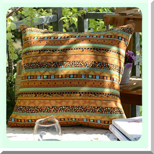 Bohemian Gold Stripe Linen Cushion Cover - Hidden Zipper Closure - Sofa Throw Pillowcase - Antique Cotton Blend - 20x20 Inch - Decorative Pillow Cover