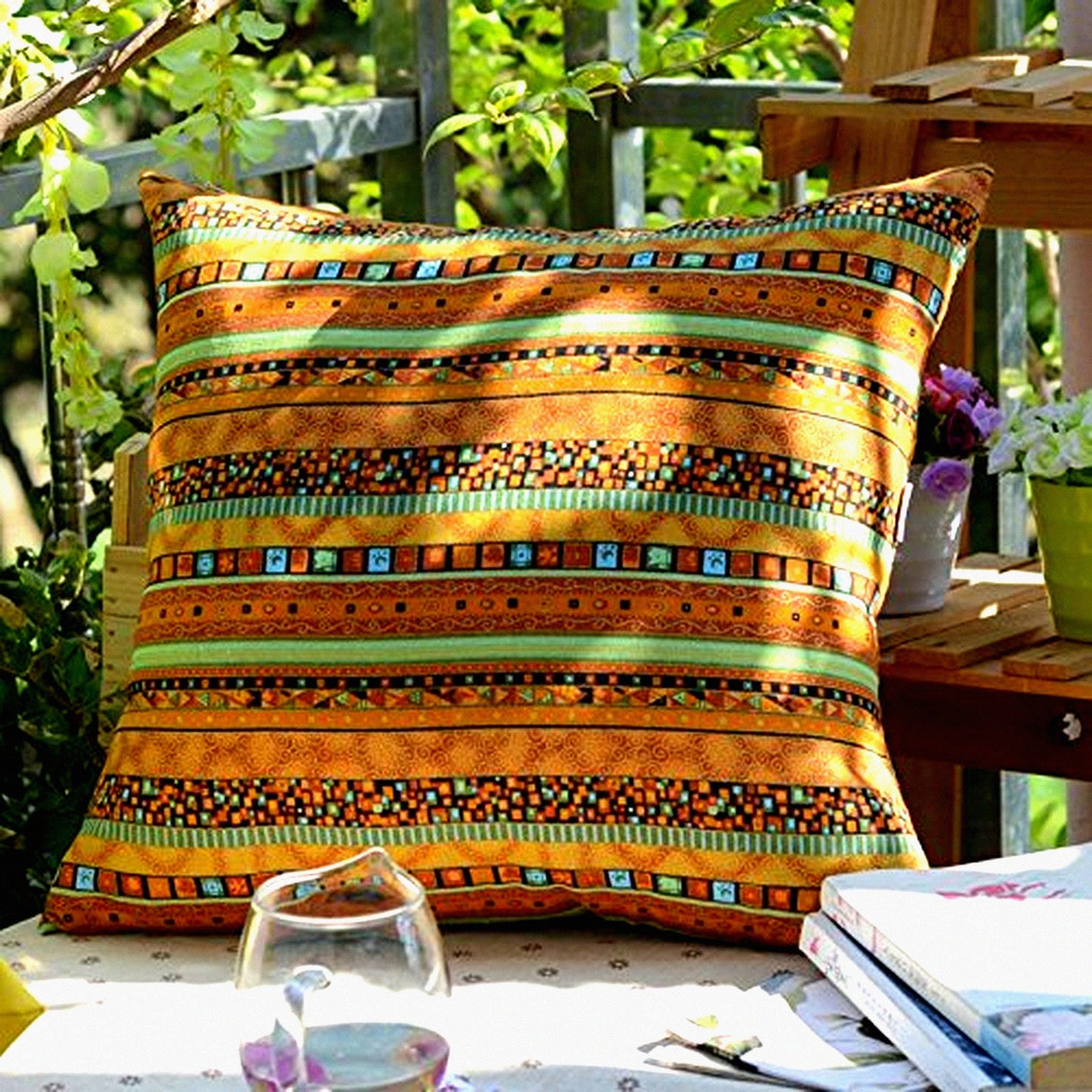 Bohemian Gold Stripe Linen Cushion Cover - Hidden Zipper Closure - Sofa Throw Pillowcase - Antique Cotton Blend - 20x20 Inch - Decorative Pillow Cover