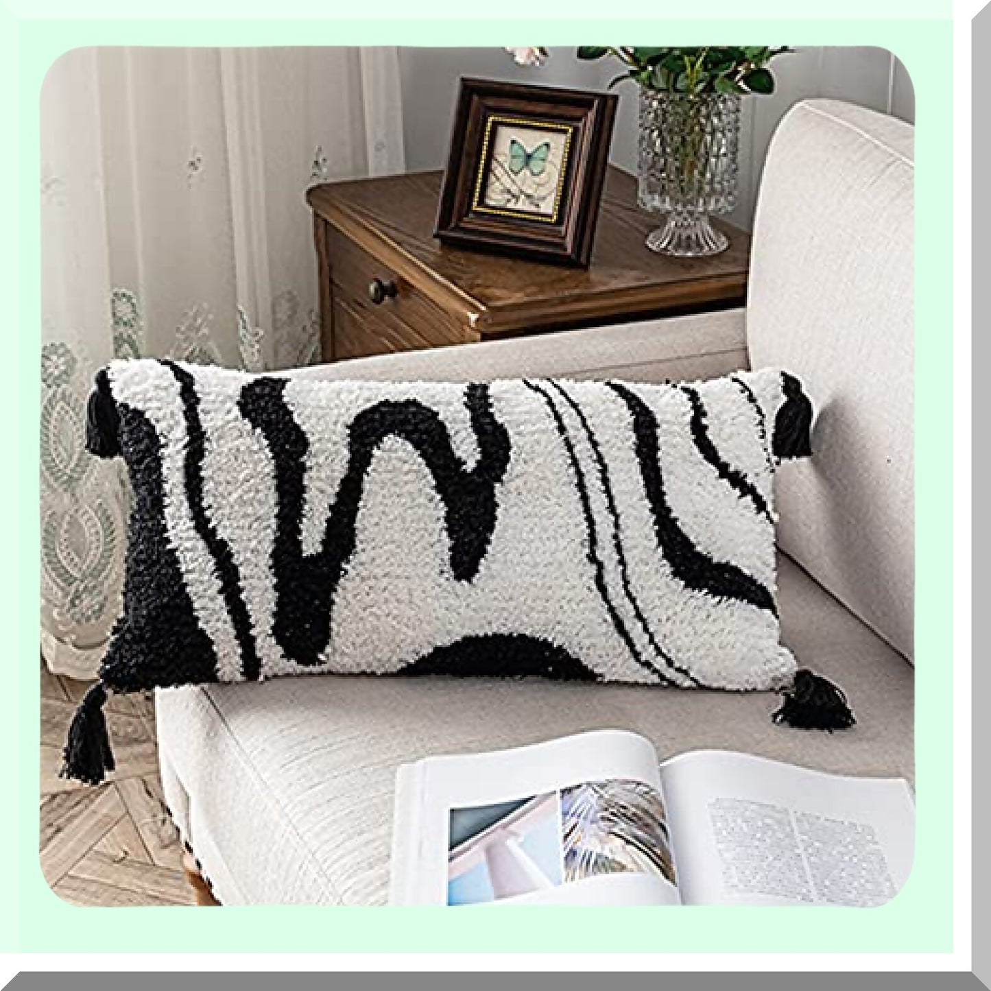 Zebra Marble Lumbar Pillow Cover - Black White Woven Tufted Decorative Cushion for Bedroom Living Room Couch - Cozy Art Pattern - Regalo Para Navidad - 12x24 Inches