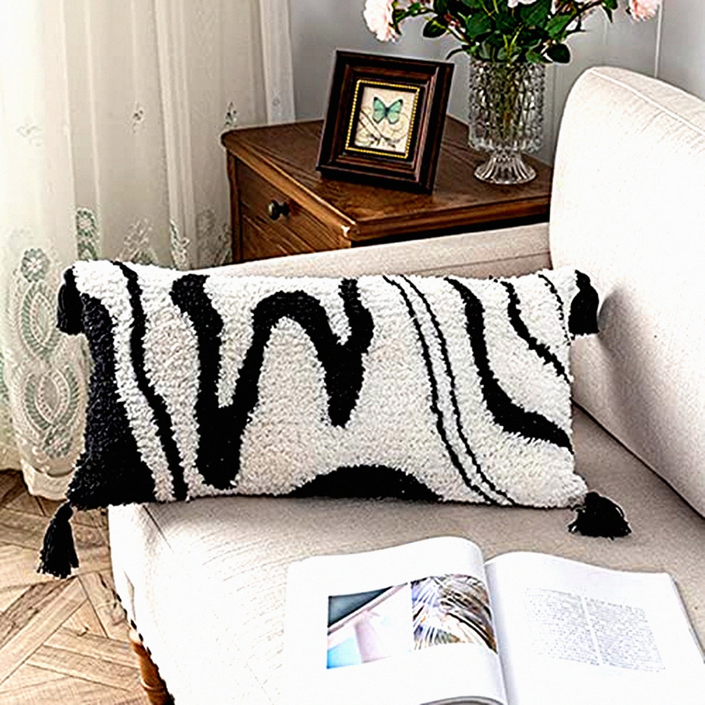 Zebra Marble Lumbar Pillow Cover - Black White Woven Tufted Decorative Cushion for Bedroom Living Room Couch - Cozy Art Pattern - Regalo Para Navidad - 12x24 Inches