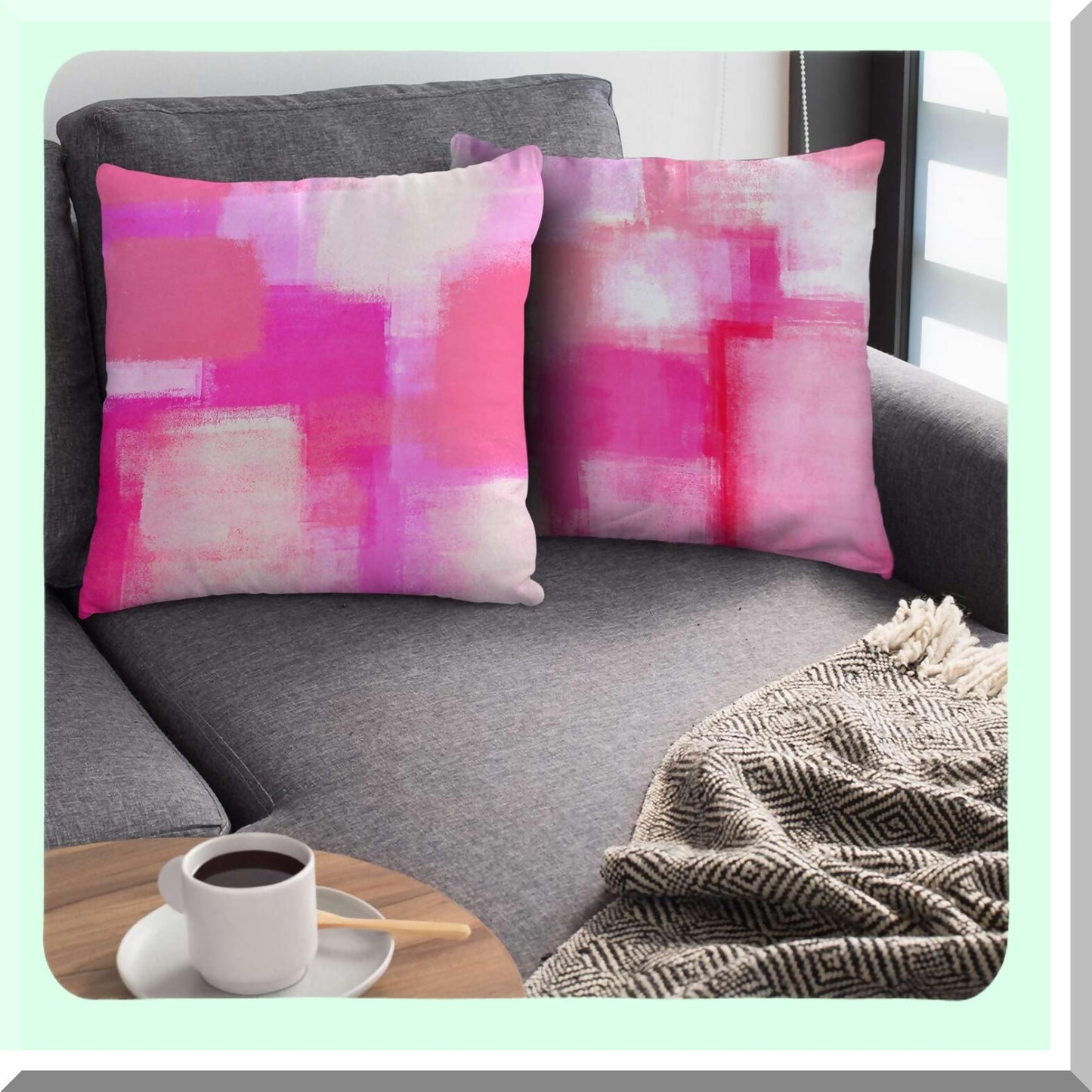 Abstract Art Decor Pillow Covers - Set of 2, 16x16 Inches Square Cushion Cases for Accent Couch Sofa Bedroom. Light Pink Red Painting Design.