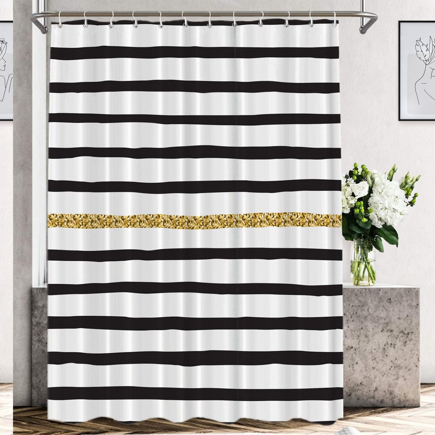 Black White Gold Geometric Shower Curtain 72x72 Inch