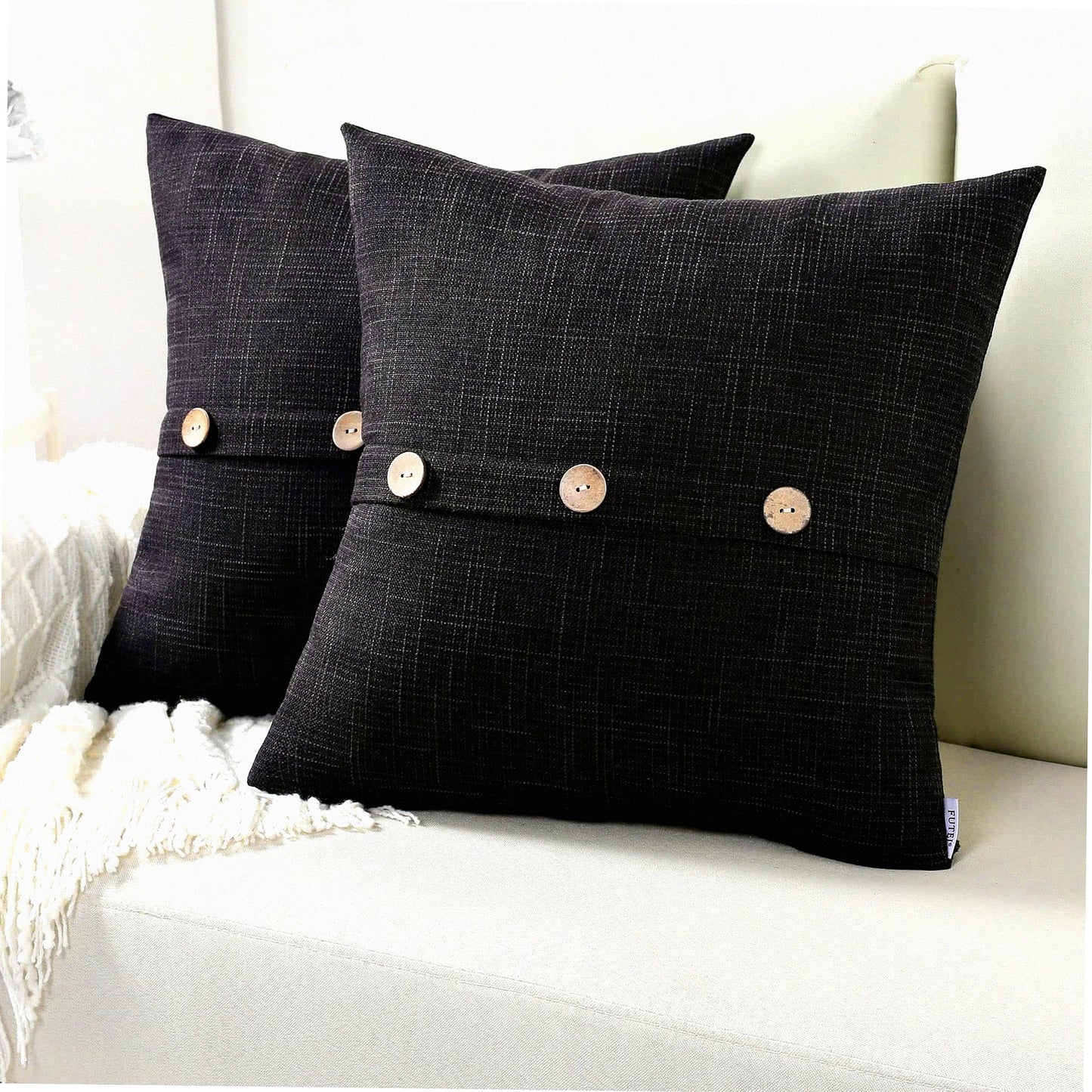 Vintage Farmhouse Linen Pillow Covers - Set of 2, 20x20 Inch Square Cushion Cases with Button/Zipper - Modern Home Decor for Couch and Bed