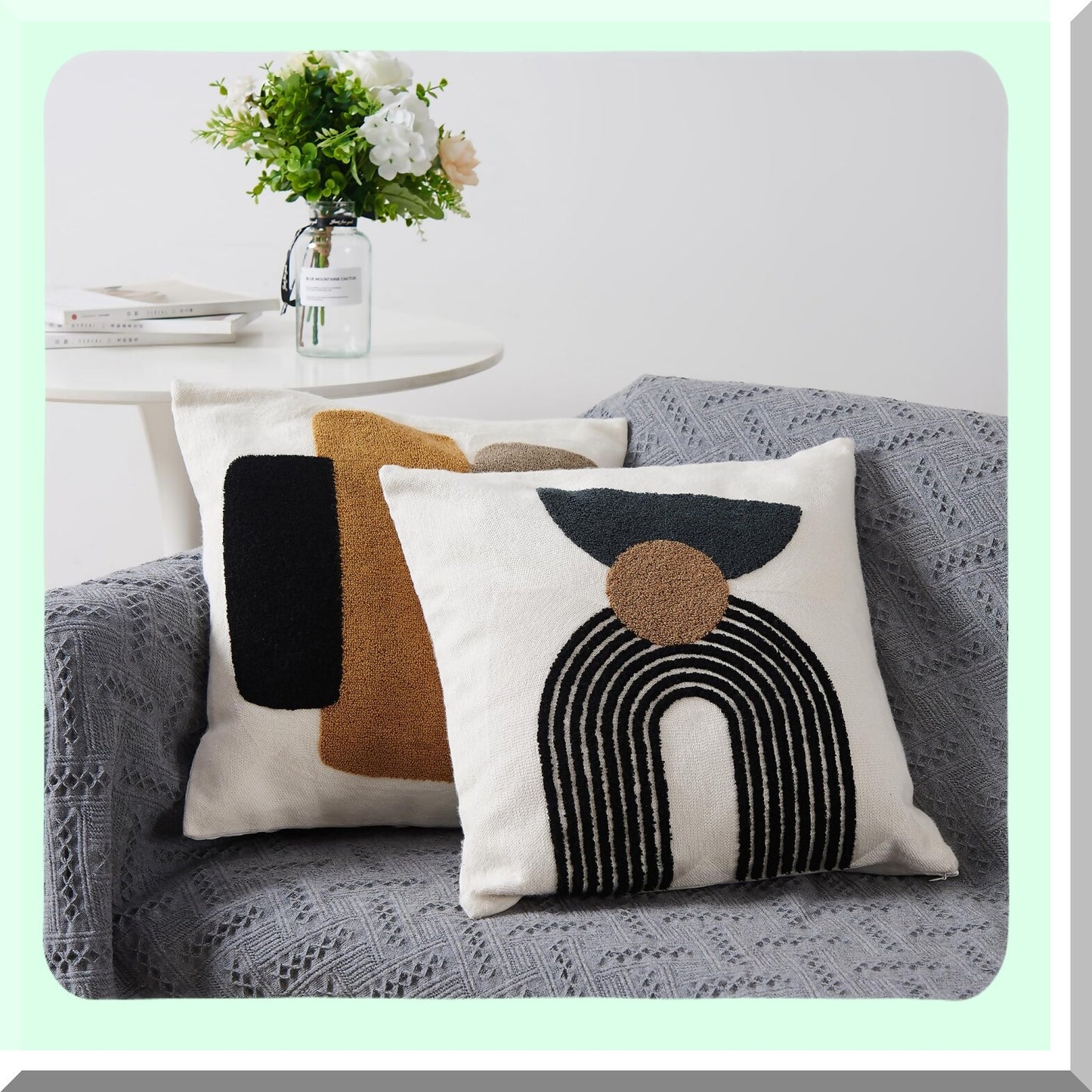 Boho Geometric Throw Pillow Set - Abstract Mid Century Cushion Covers for Couch Sofa, Modern Aesthetic Square Case, Living Room Decor (2 Pcs)