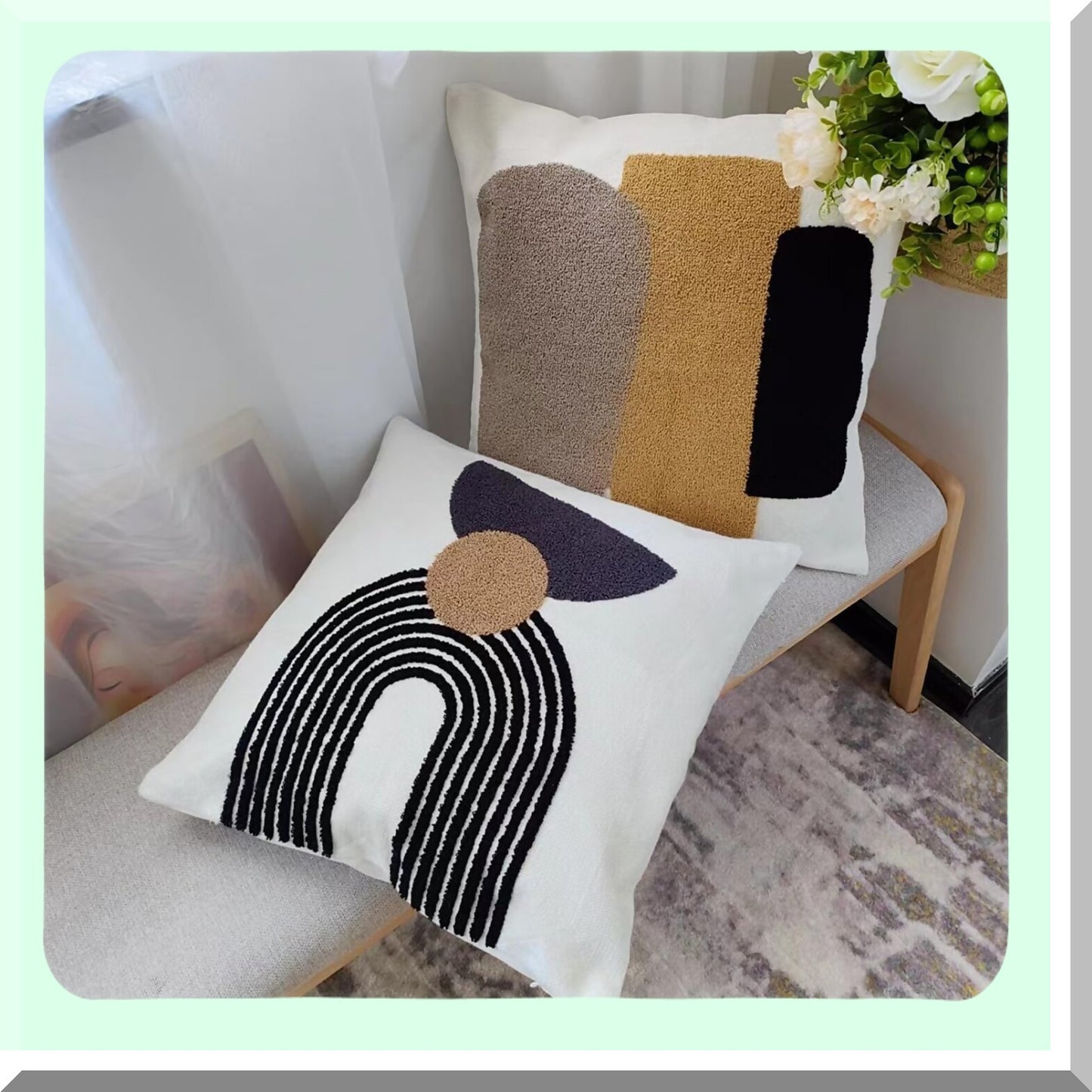 Boho Geometric Throw Pillow Set - Abstract Mid Century Cushion Covers for Couch Sofa, Modern Aesthetic Square Case, Living Room Decor (2 Pcs)