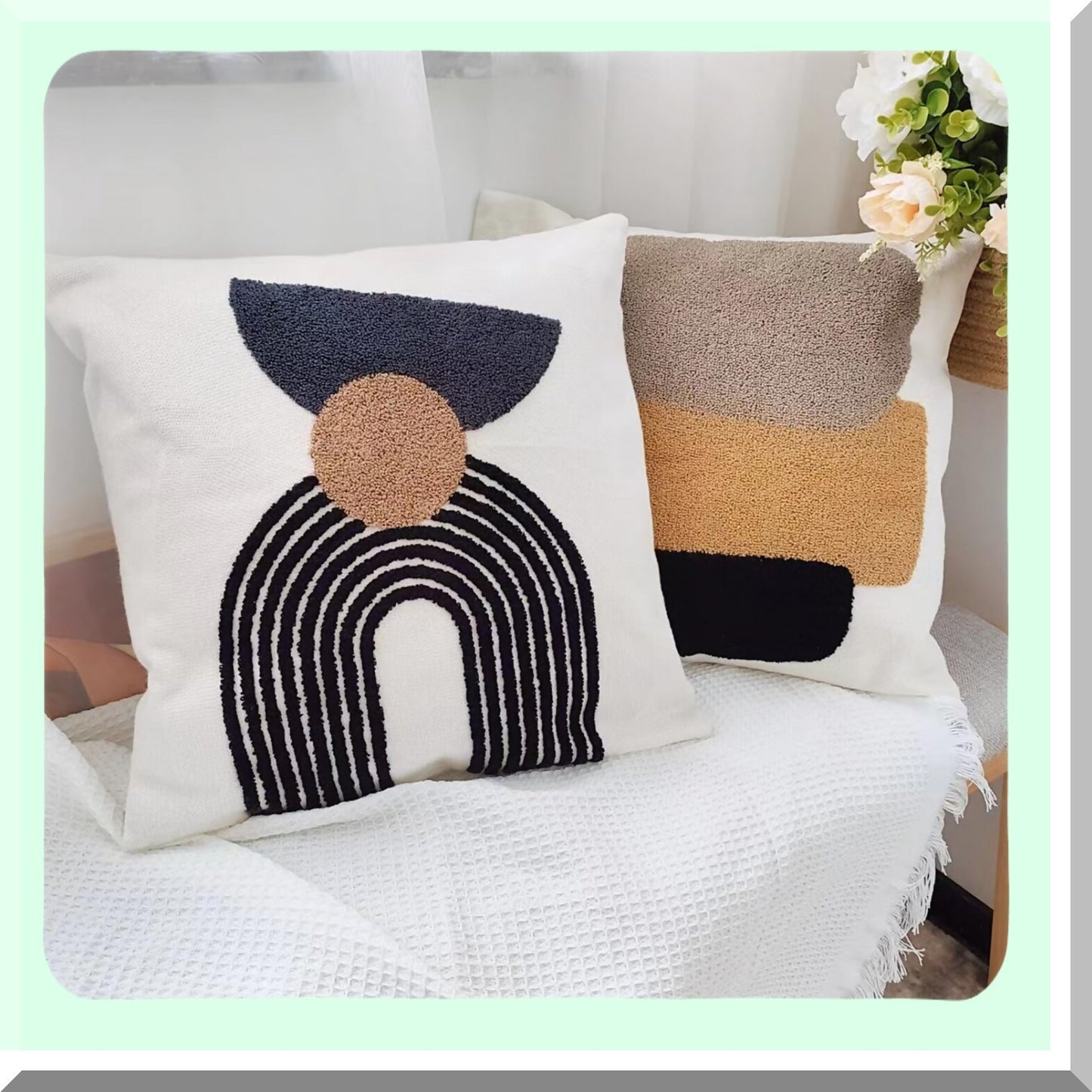 Boho Geometric Throw Pillow Set - Abstract Mid Century Cushion Covers for Couch Sofa, Modern Aesthetic Square Case, Living Room Decor (2 Pcs)