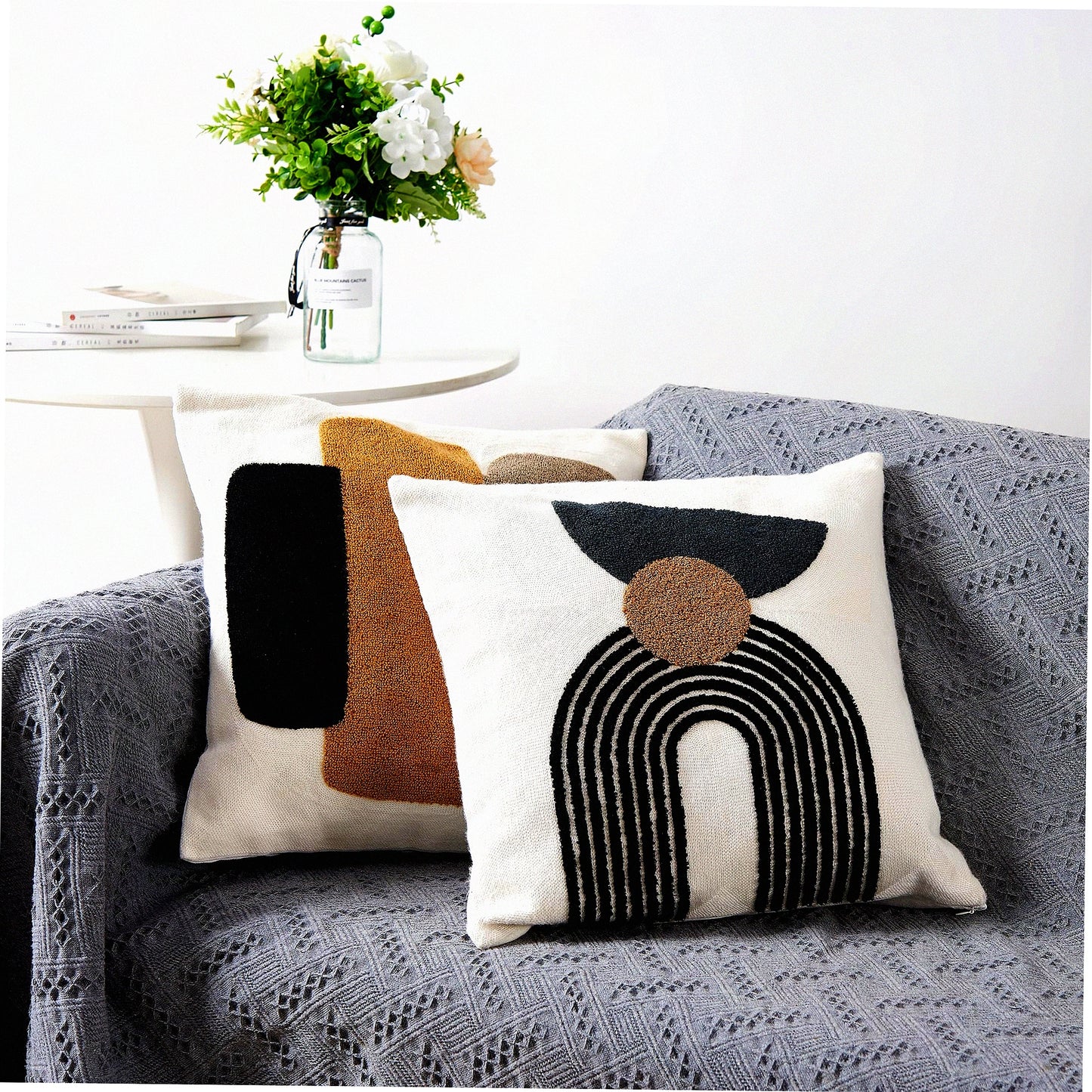 Boho Geometric Throw Pillow Set - Abstract Mid Century Cushion Covers for Couch Sofa, Modern Aesthetic Square Case, Living Room Decor (2 Pcs)
