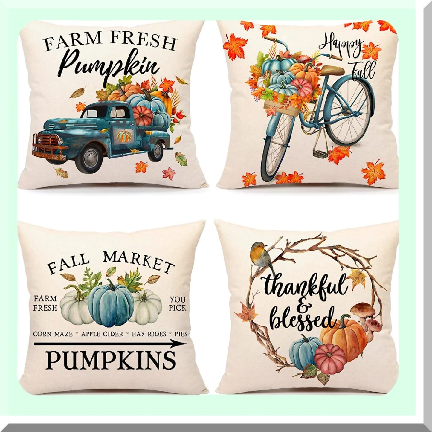 Thankful Blue Pumpkin Farmhouse Pillow Covers - Set of 4 Fall Decorations for Home Couch - Outdoor Fall Pillows - Decorative Throw Cushion Case - Thanksgiving Farm Theme - 18x18 Inches