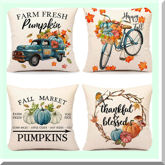 Thankful Blue Pumpkin Pillow Covers Set of 4