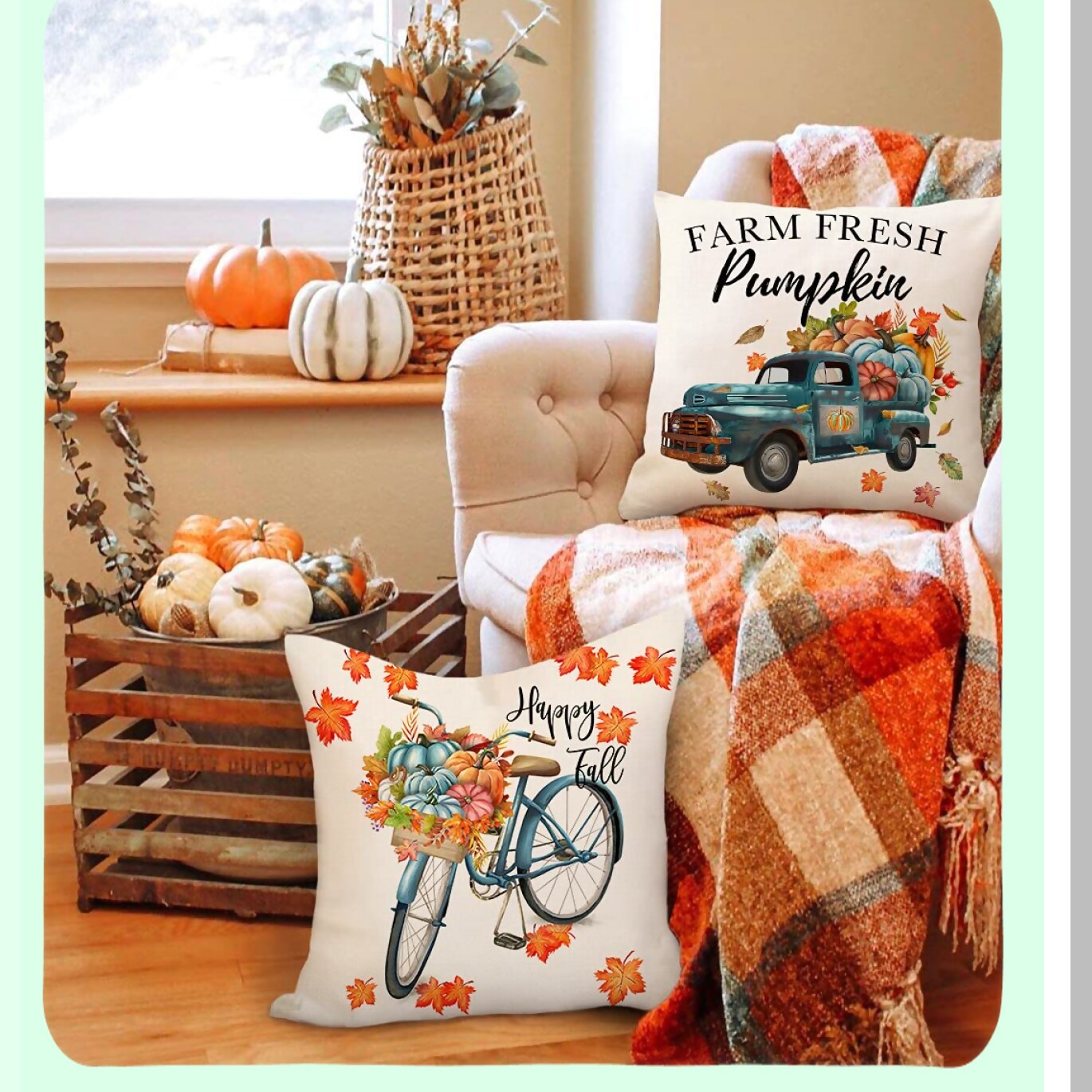 Thankful Blue Pumpkin Farmhouse Pillow Covers - Set of 4 Fall Decorations for Home Couch - Outdoor Fall Pillows - Decorative Throw Cushion Case - Thanksgiving Farm Theme - 18x18 Inches
