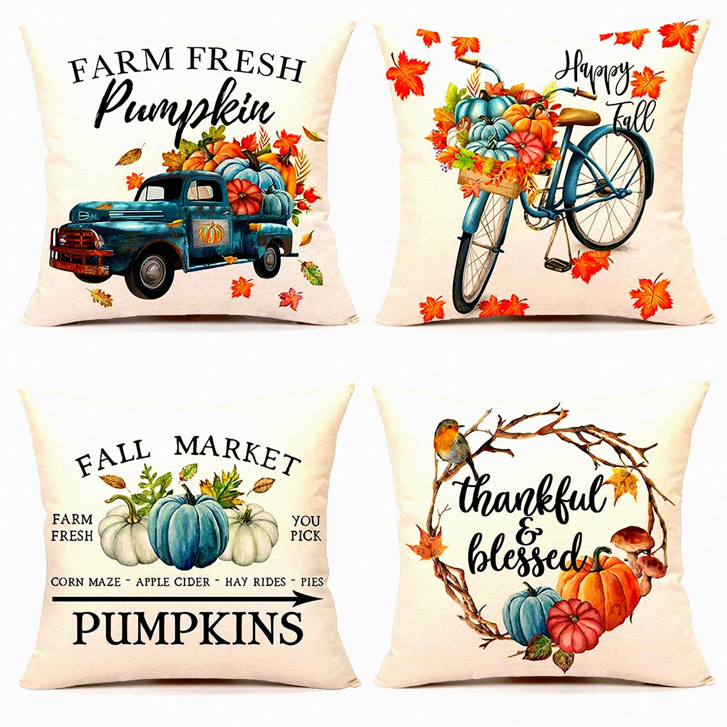 Thankful Blue Pumpkin Farmhouse Pillow Covers - Set of 4 Fall Decorations for Home Couch - Outdoor Fall Pillows - Decorative Throw Cushion Case - Thanksgiving Farm Theme - 18x18 Inches