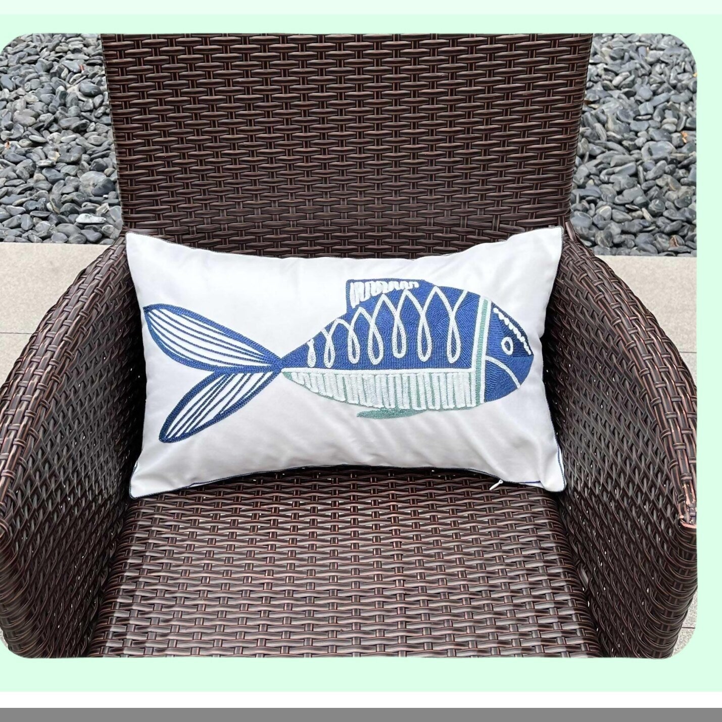 Nautical Fish Embroidered Pillow Cover - Navy Decorative Canvas 12X20 inches with Distinctive Navy Fish Pattern